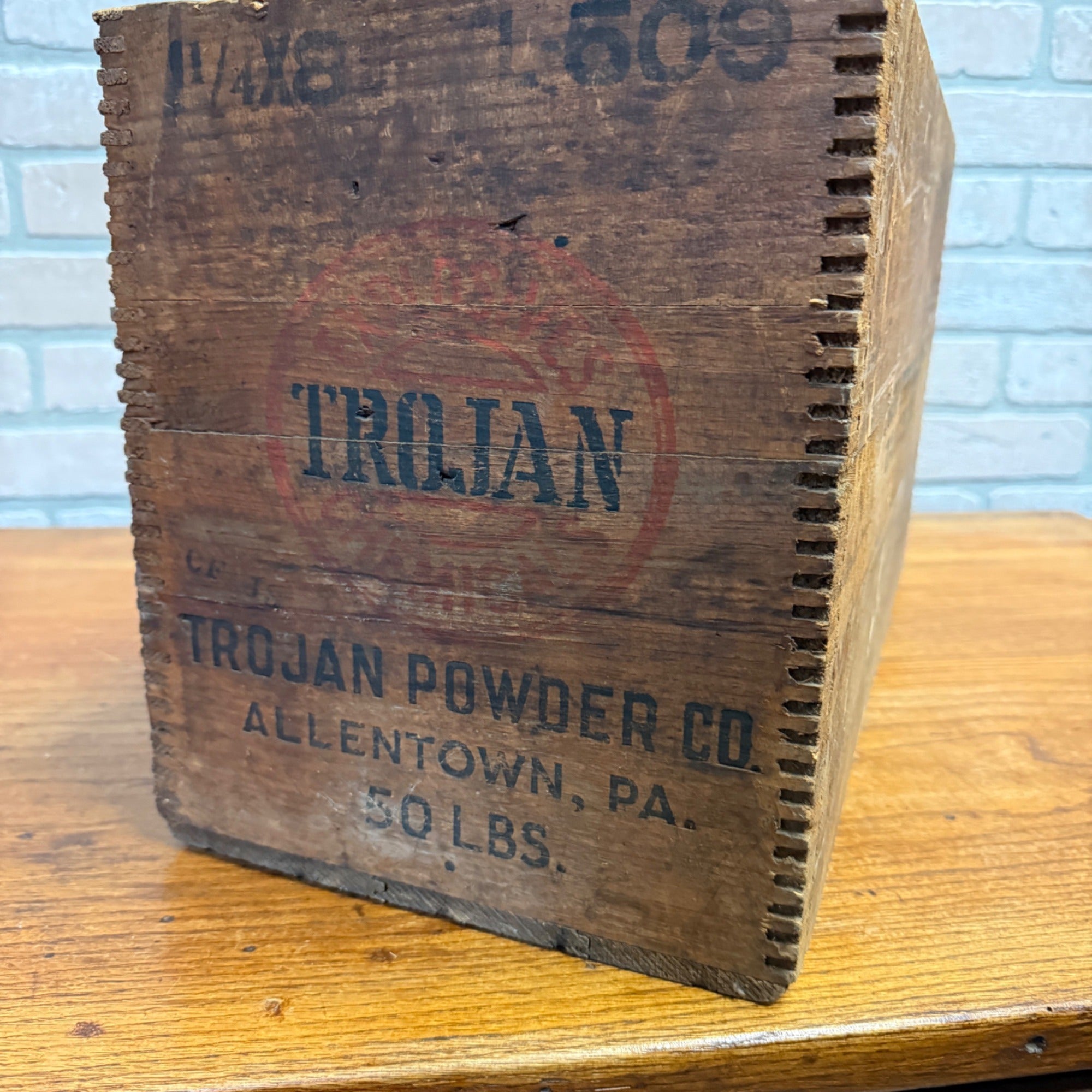 Vintage Dovetailed Wood Crate Trojan Powder Co. Allentown, PA 50 Pounds High Explosives Dangerous Labeling