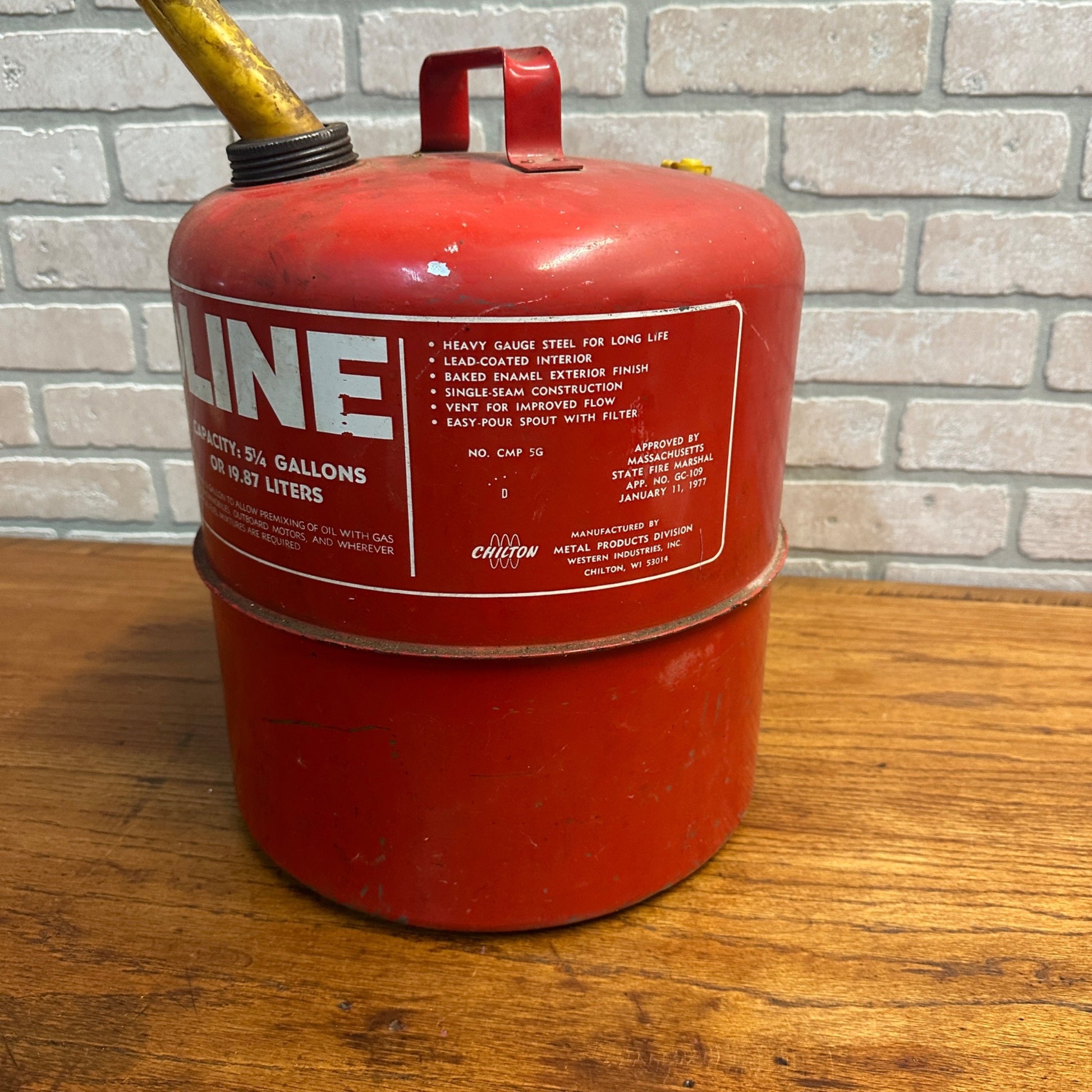 Vintage Chilton Vented Metal Red 5 1/4 Gallon Fuel/Gas Can With Spout
