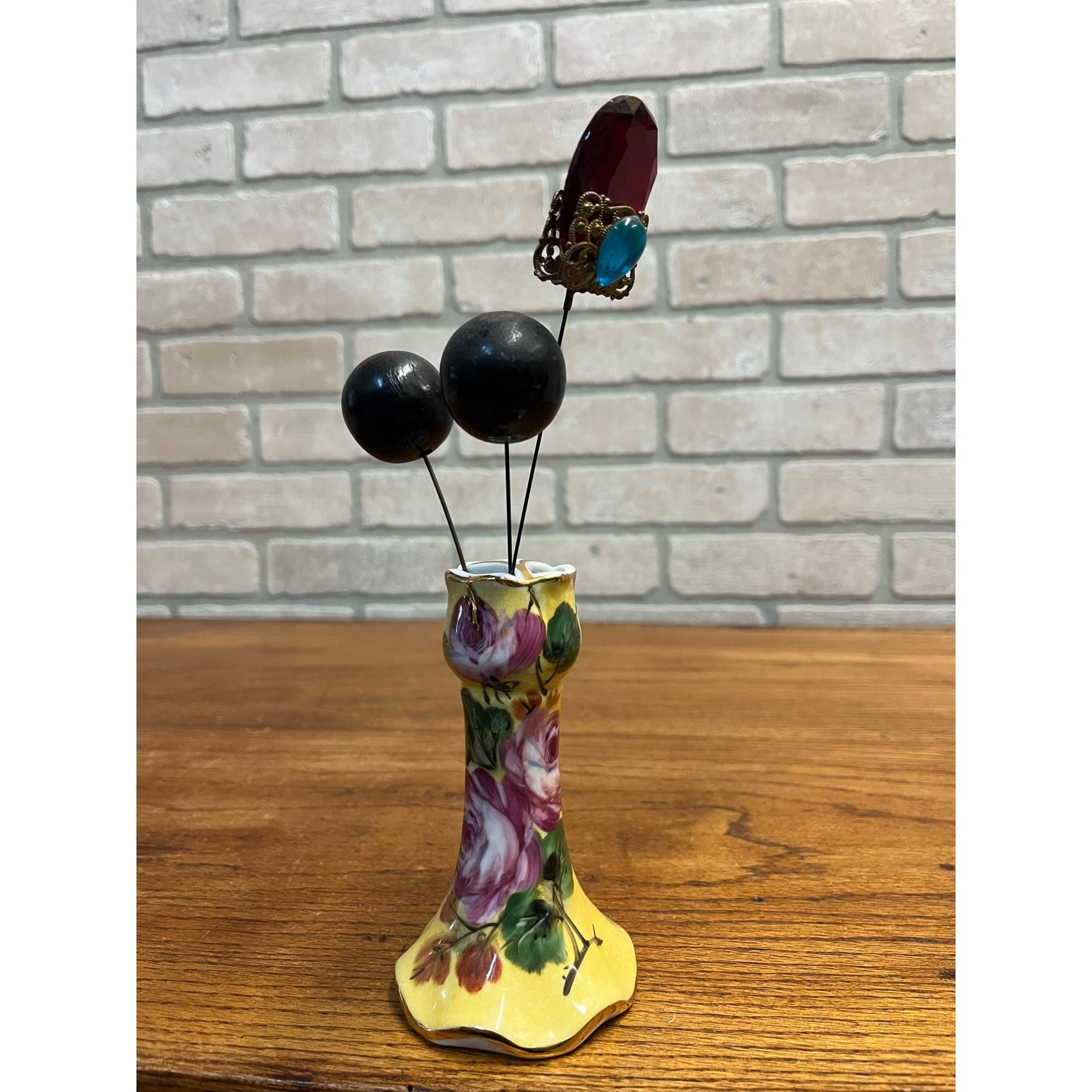 Vintage Limoges Hand Painted Porcelain Hat / Hair Pin Holder w/ Victorian Pins Ornate