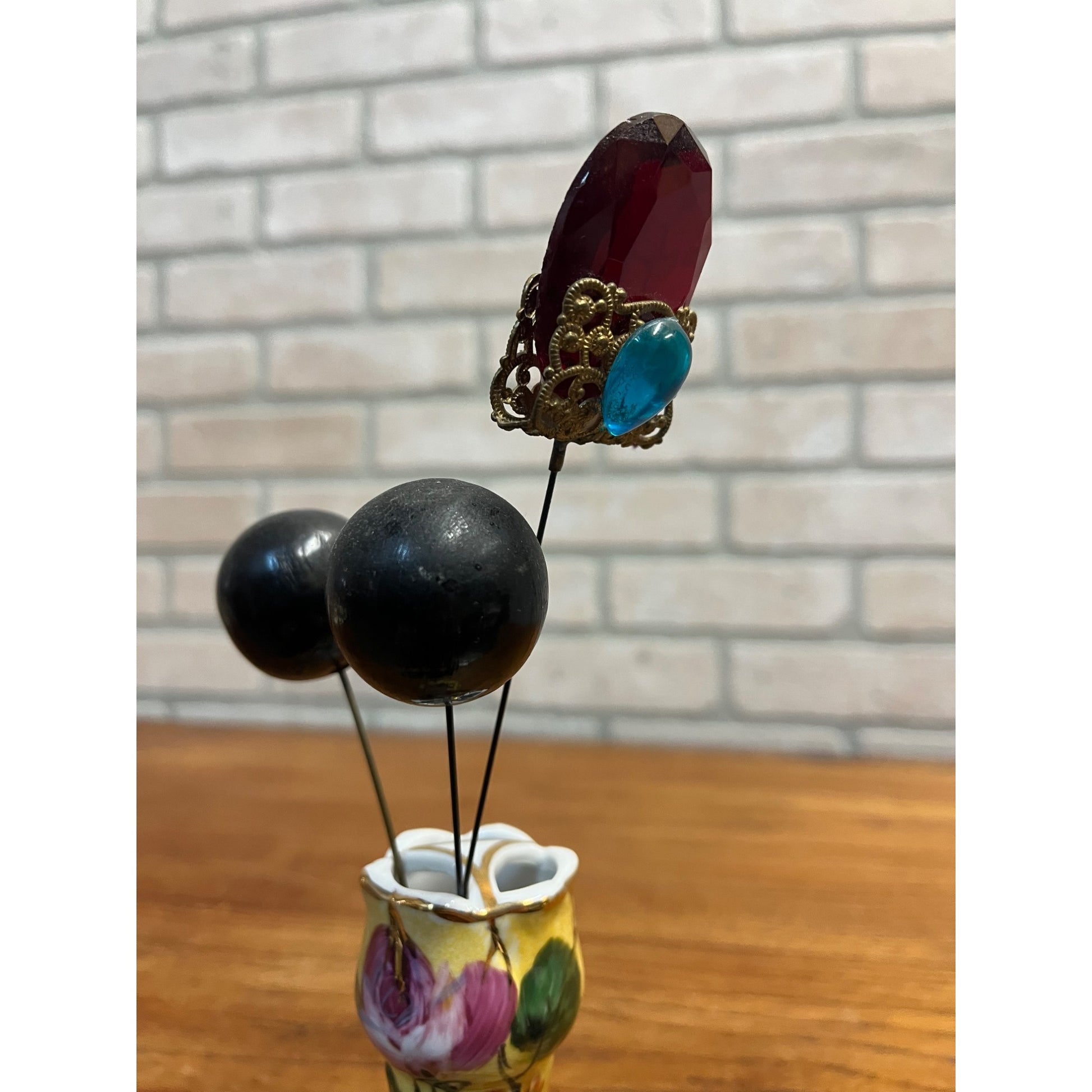 Vintage Limoges Hand Painted Porcelain Hat / Hair Pin Holder w/ Victorian Pins Ornate