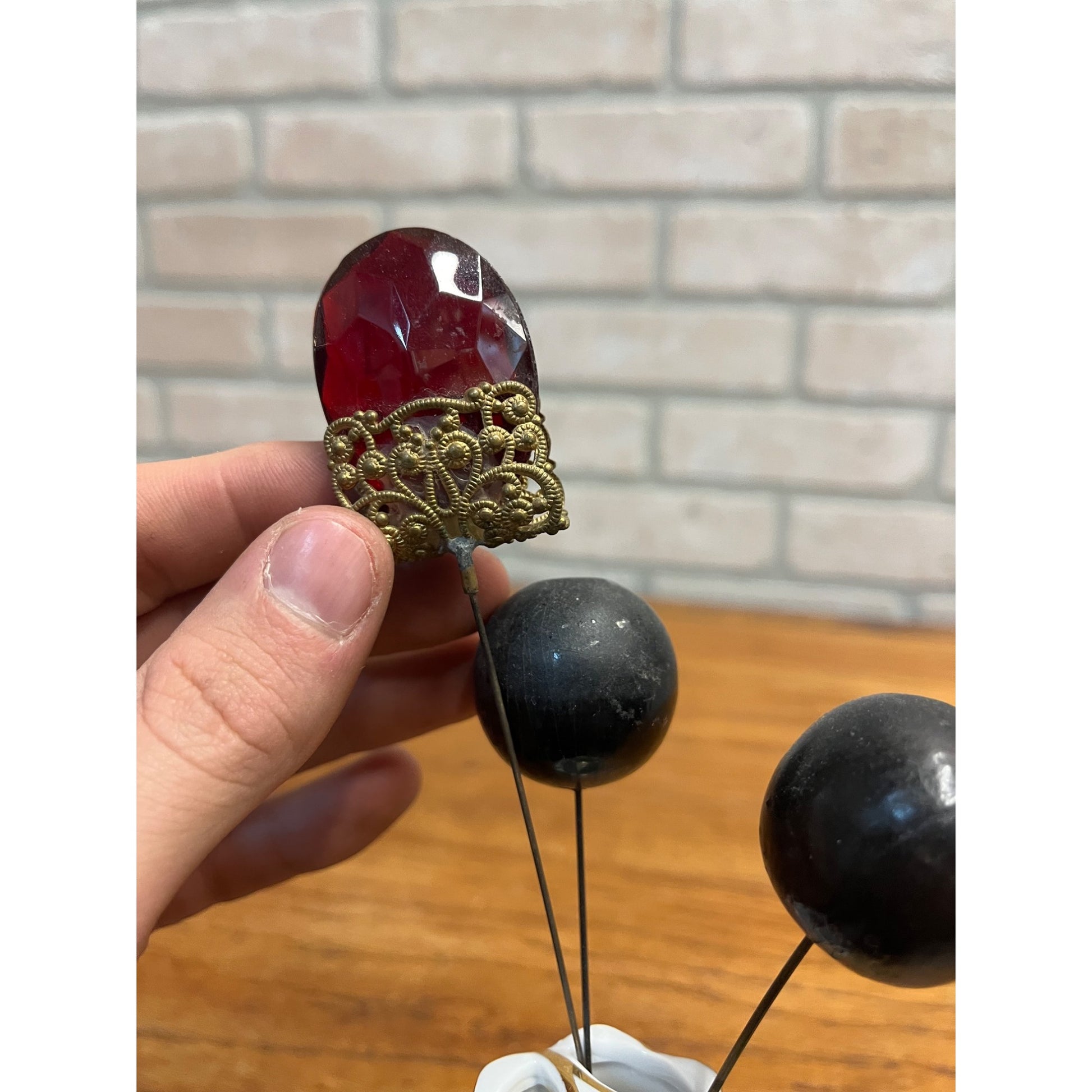 Vintage Limoges Hand Painted Porcelain Hat / Hair Pin Holder w/ Victorian Pins Ornate