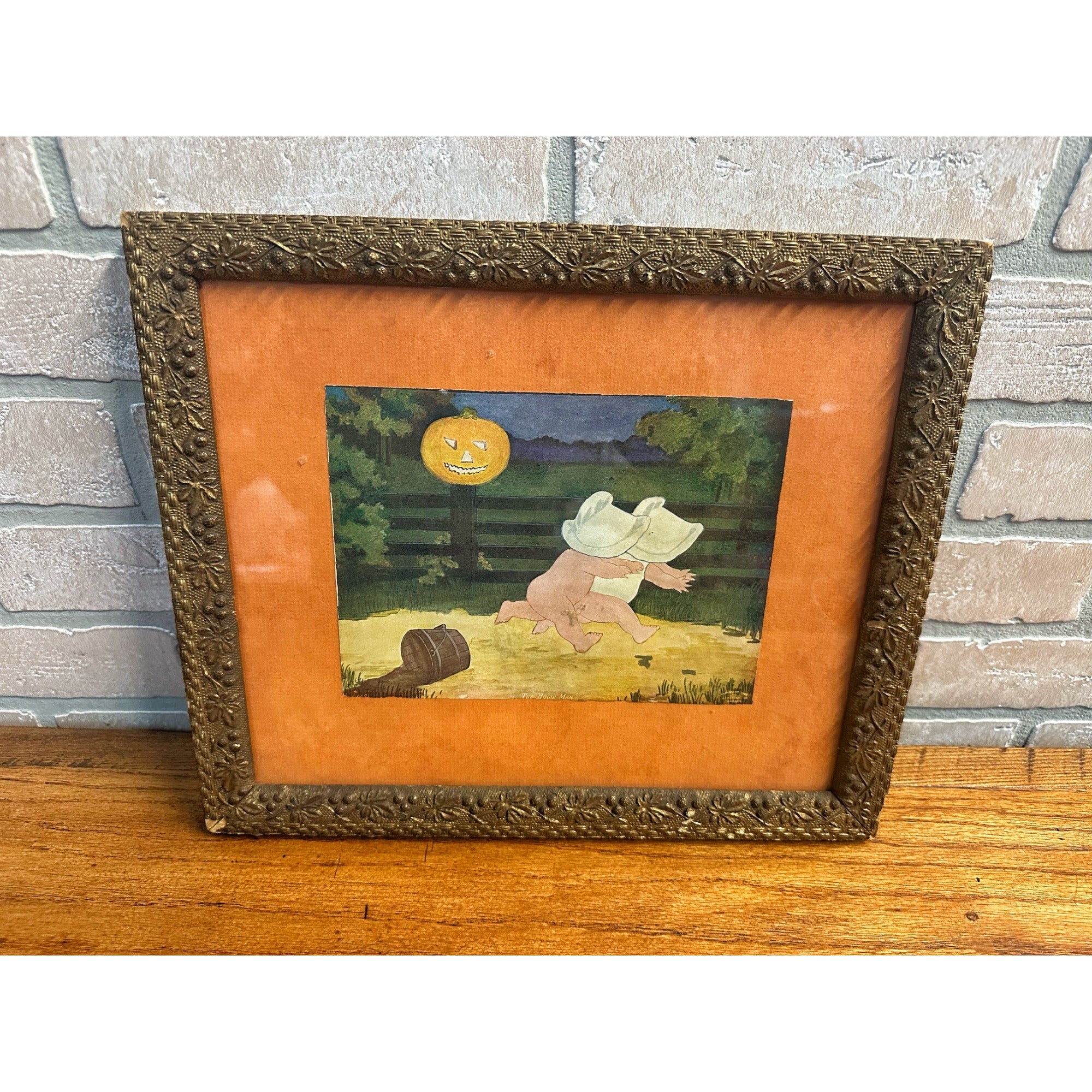 RARE Antique c.1905 Halloween Framed Litho Print "Boogie Man" by J.J. Austen