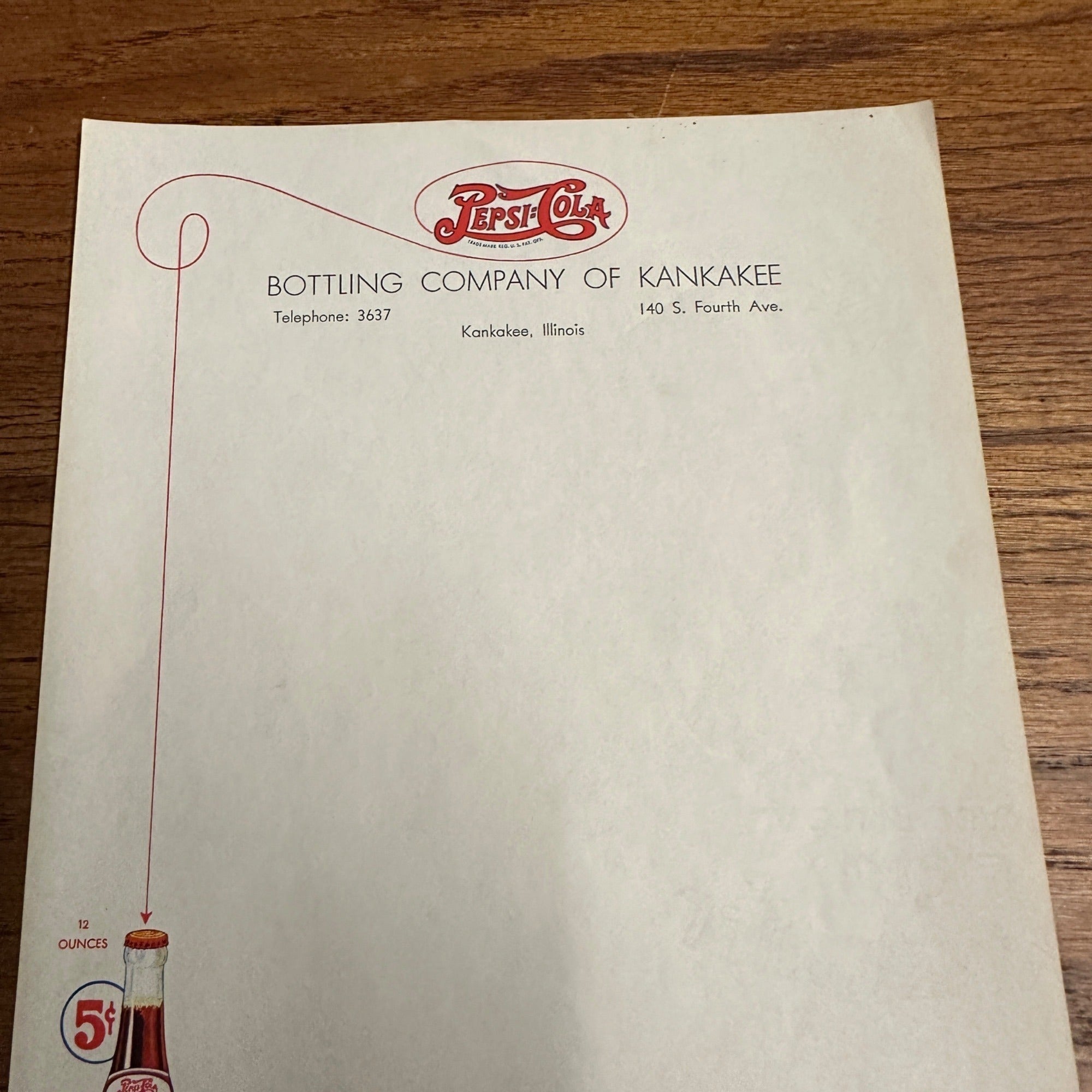 Vintage 1940s Pepsi Cola Advertising Stationary Letterhead Bottling Co. Kankakee IL