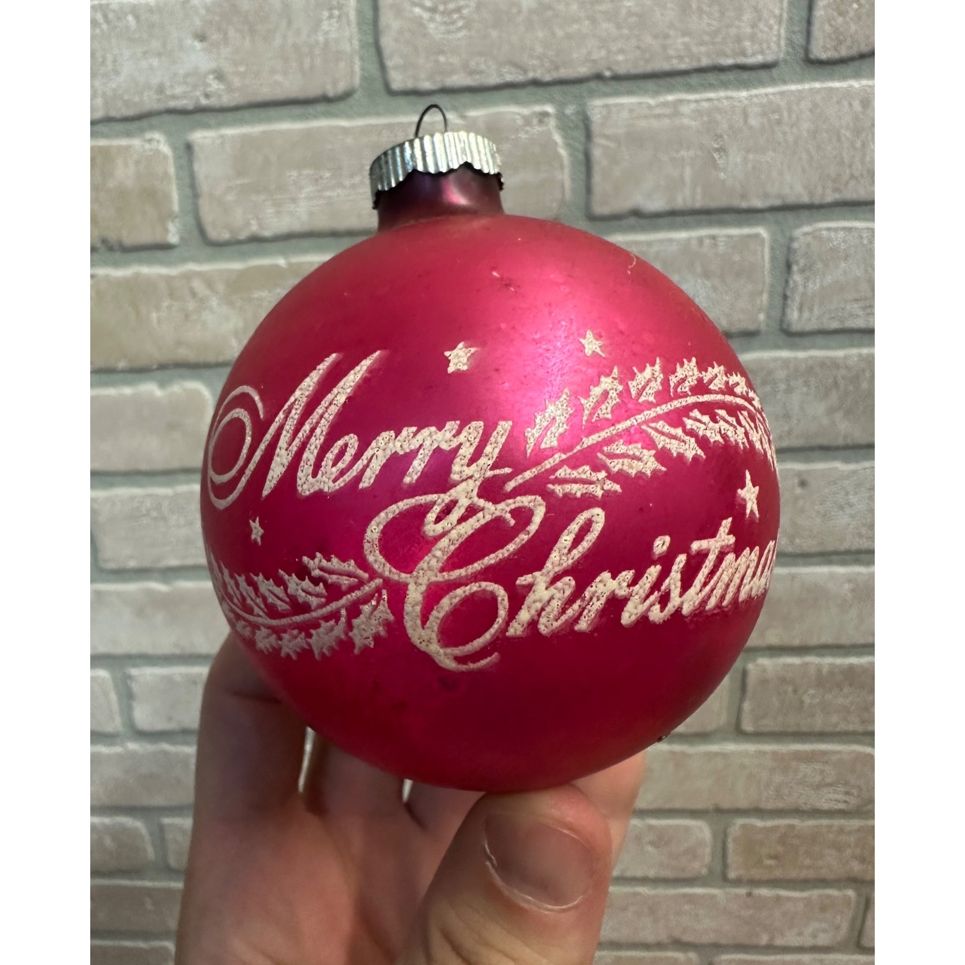 Vintage Shiny Brite 3" Stenciled Merry Christmas Hot Pink Glass Ornament