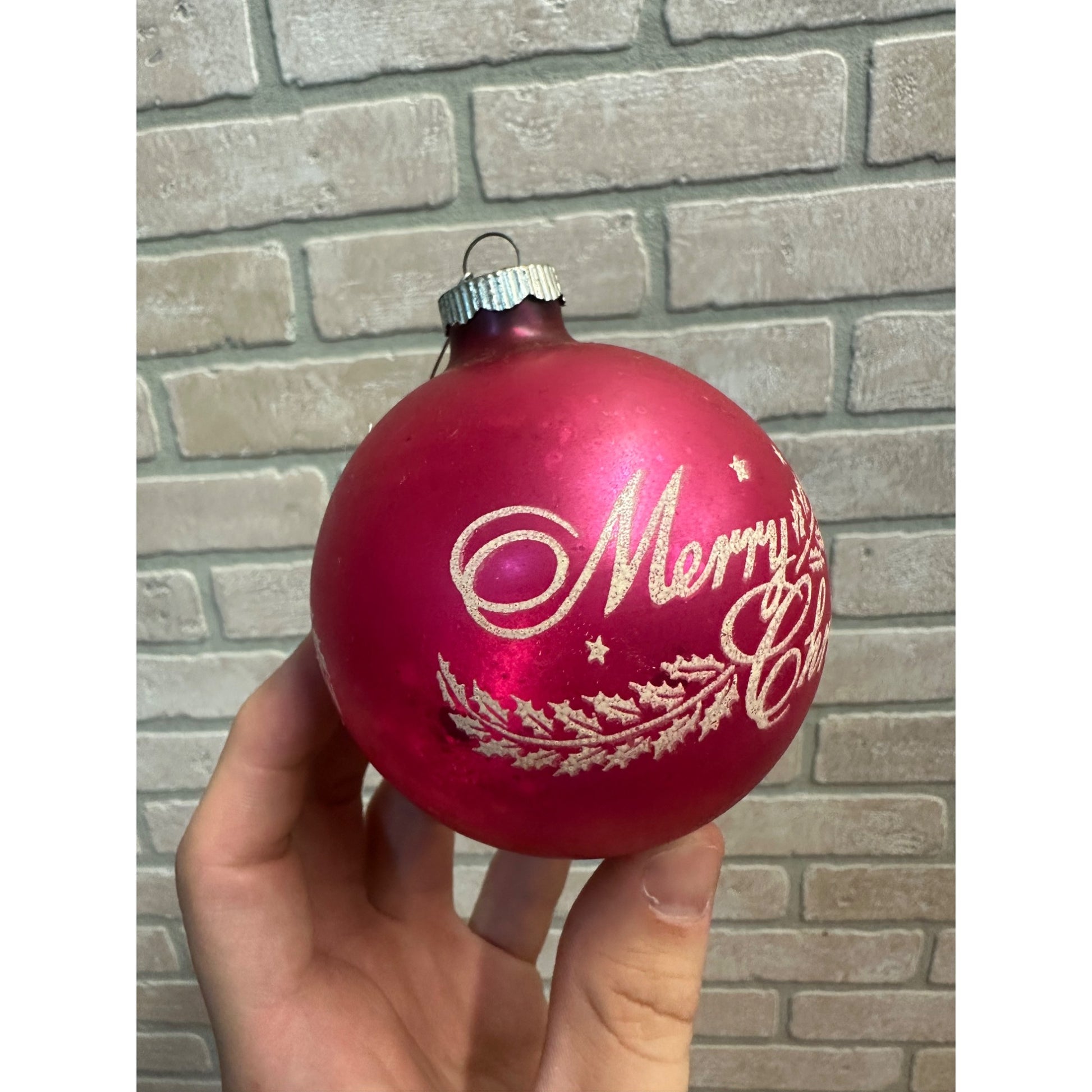 Vintage Shiny Brite 3" Stenciled Merry Christmas Hot Pink Glass Ornament