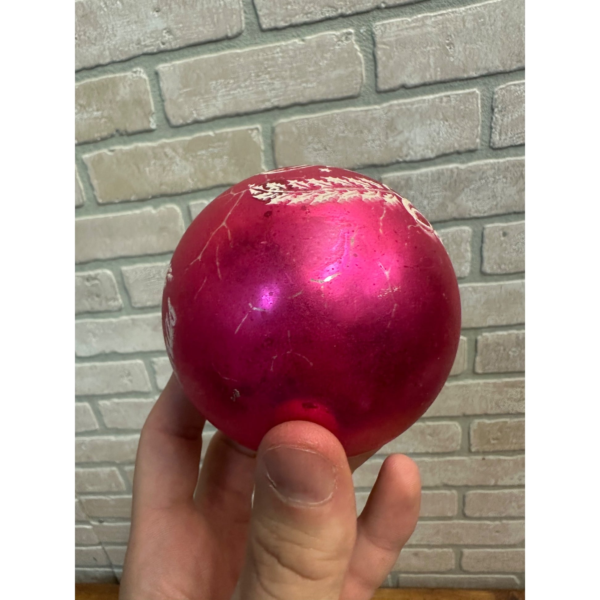 Vintage Shiny Brite 3" Stenciled Merry Christmas Hot Pink Glass Ornament