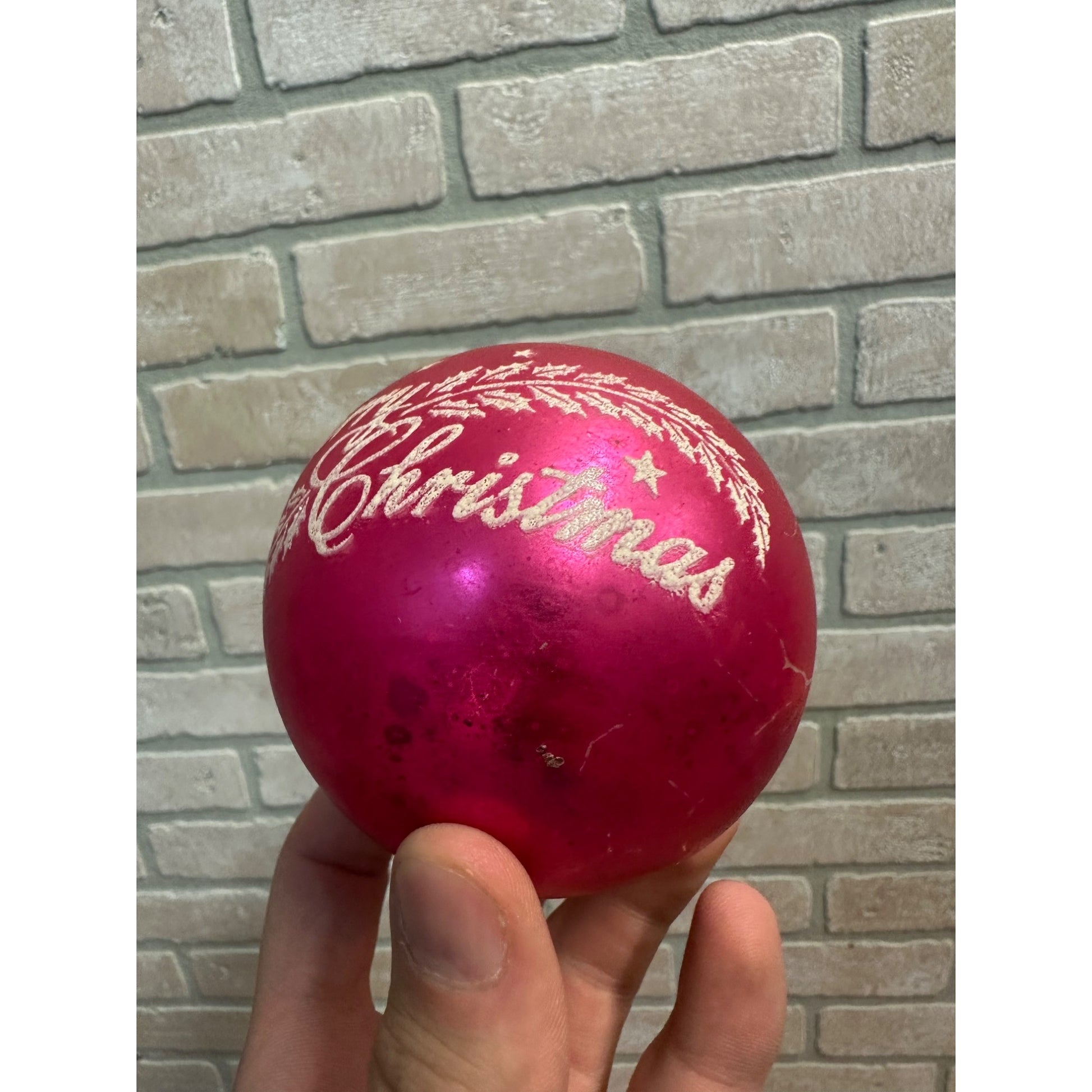 Vintage Shiny Brite 3" Stenciled Merry Christmas Hot Pink Glass Ornament