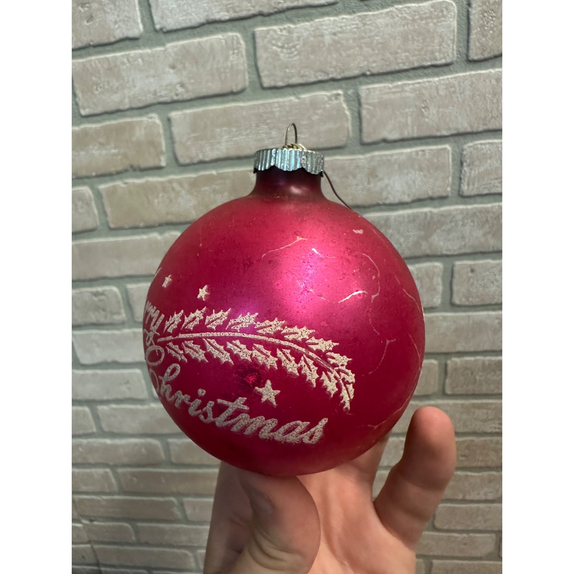 Vintage Shiny Brite 3" Stenciled Merry Christmas Hot Pink Glass Ornament