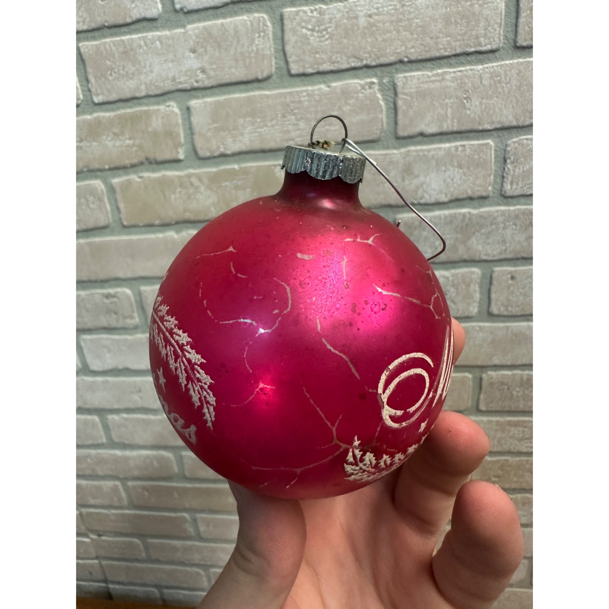 Vintage Shiny Brite 3" Stenciled Merry Christmas Hot Pink Glass Ornament