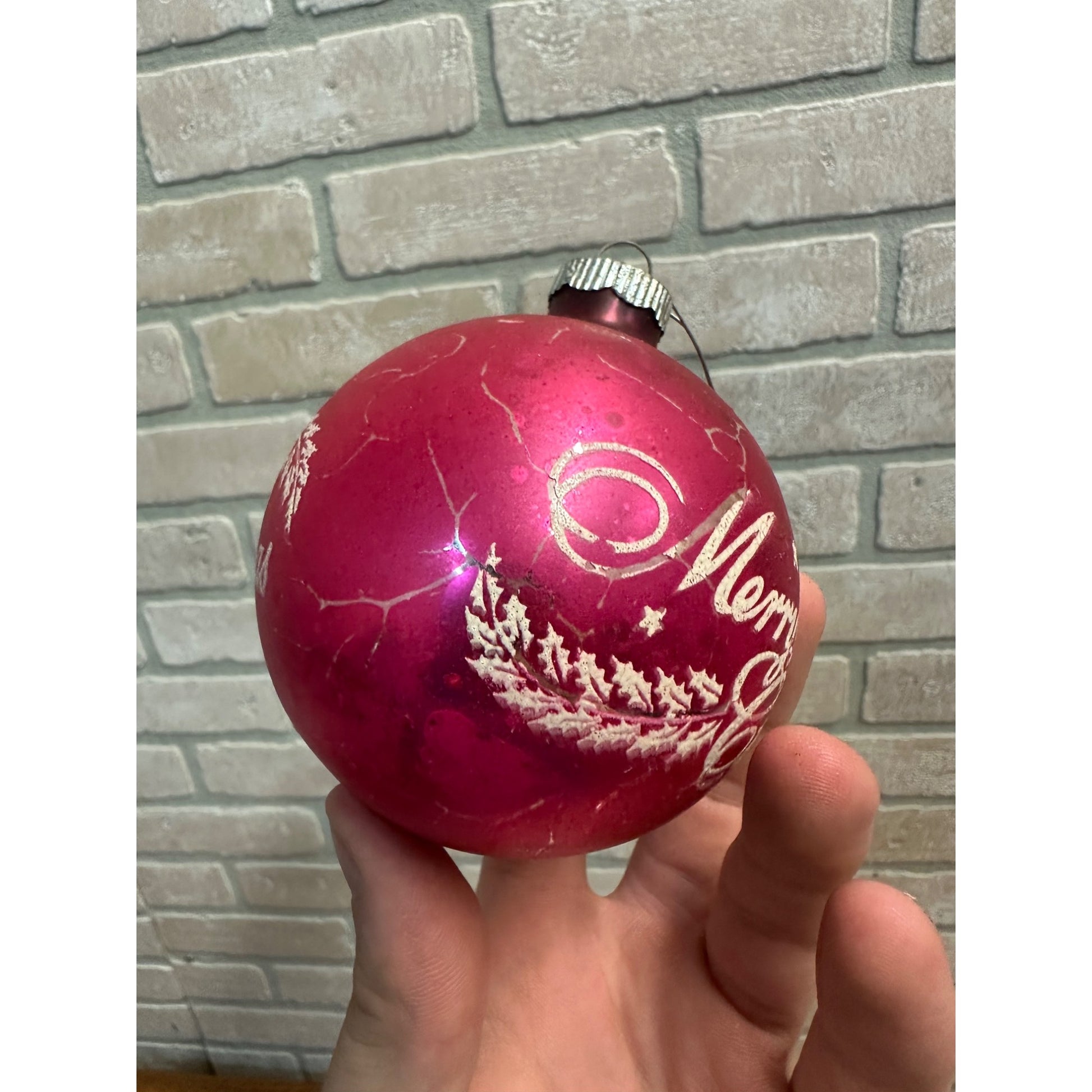 Vintage Shiny Brite 3" Stenciled Merry Christmas Hot Pink Glass Ornament