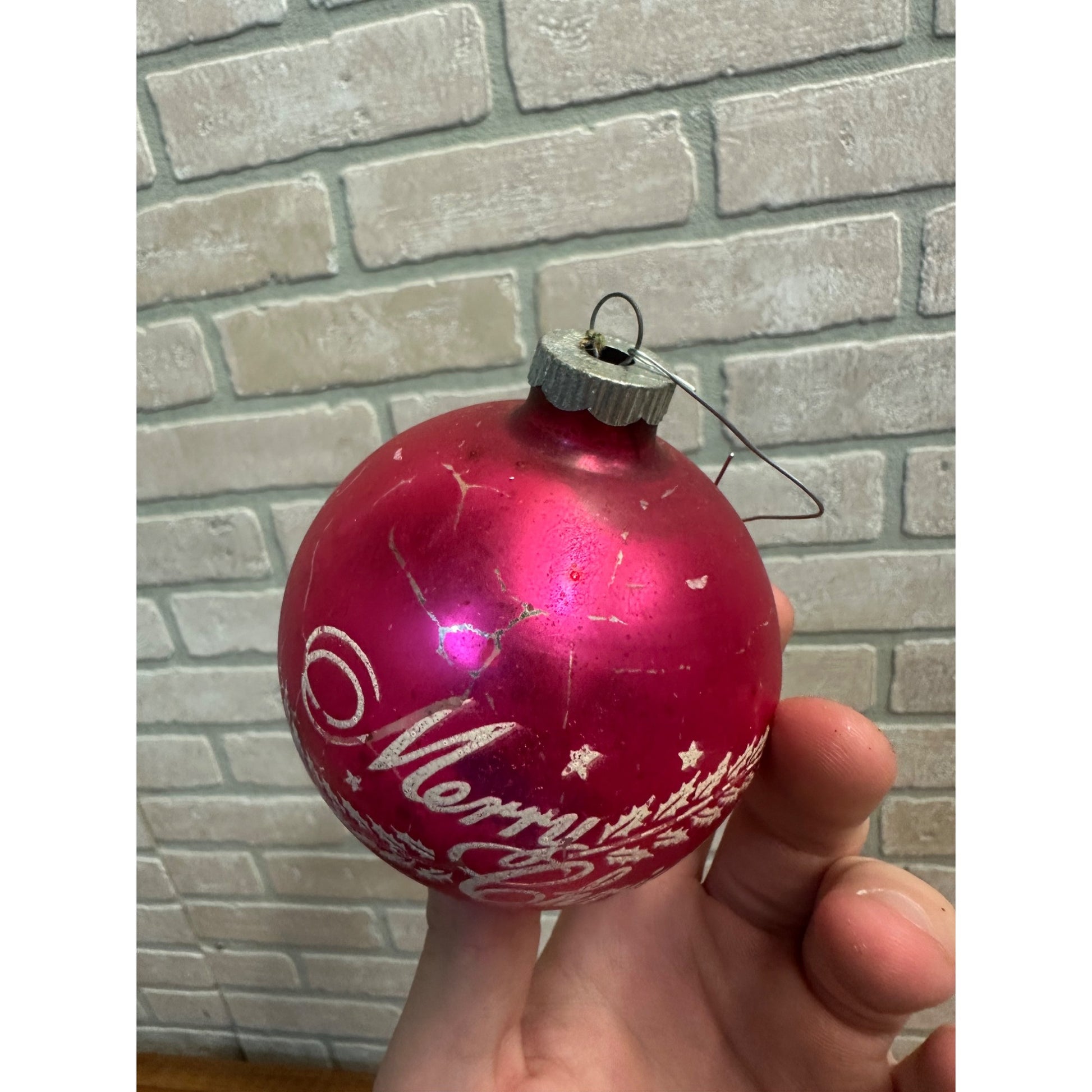 Vintage Shiny Brite 3" Stenciled Merry Christmas Hot Pink Glass Ornament