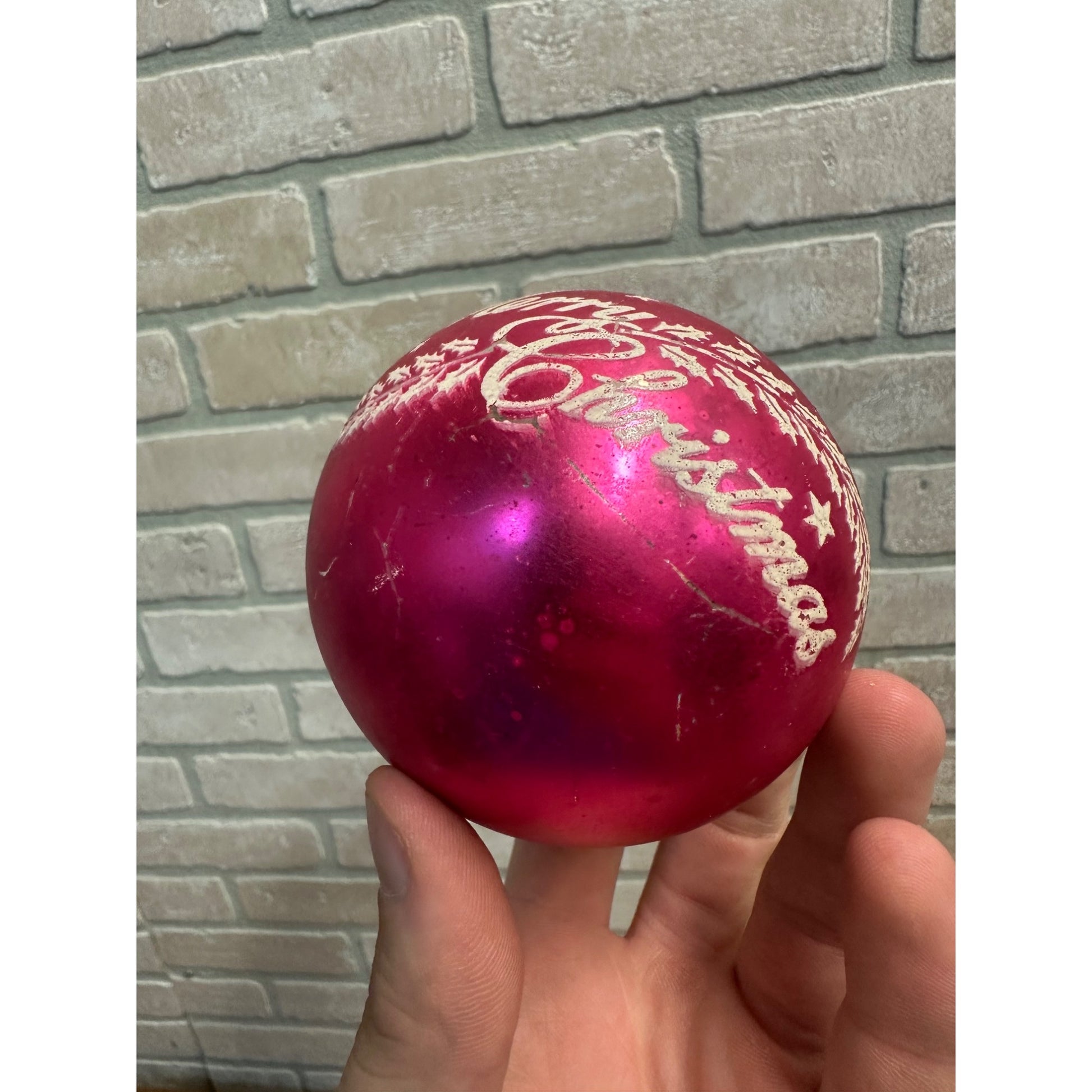 Vintage Shiny Brite 3" Stenciled Merry Christmas Hot Pink Glass Ornament