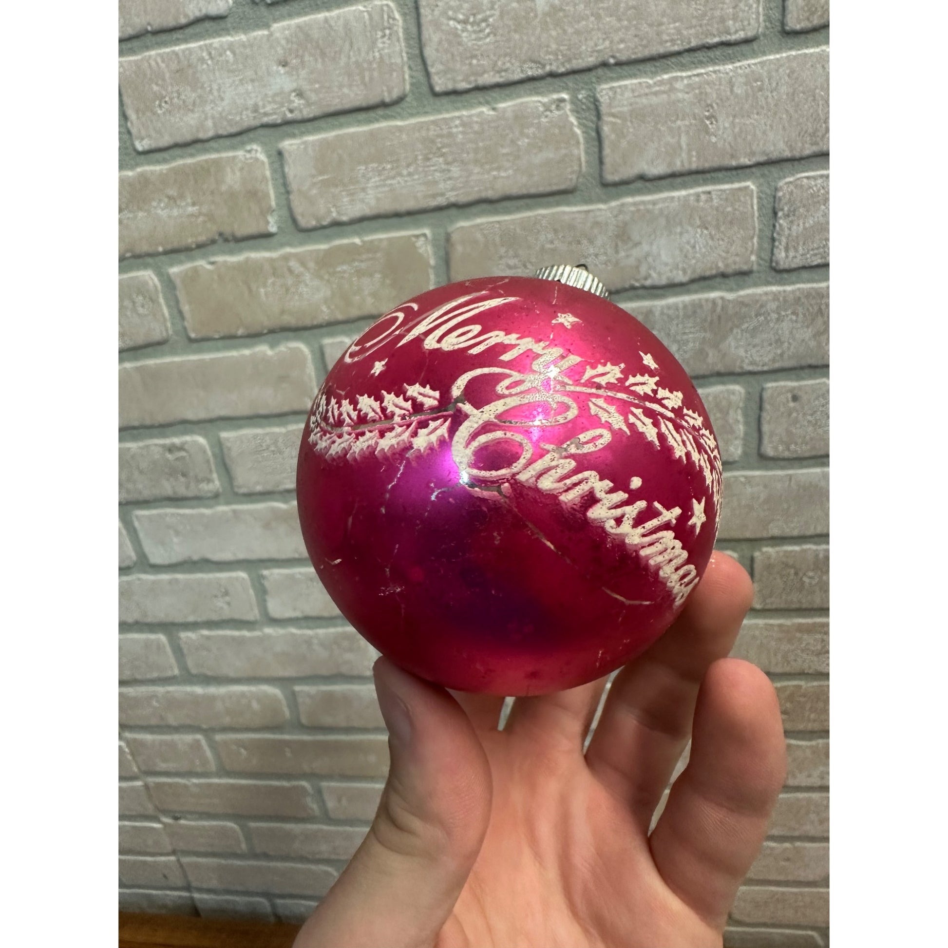 Vintage Shiny Brite 3" Stenciled Merry Christmas Hot Pink Glass Ornament