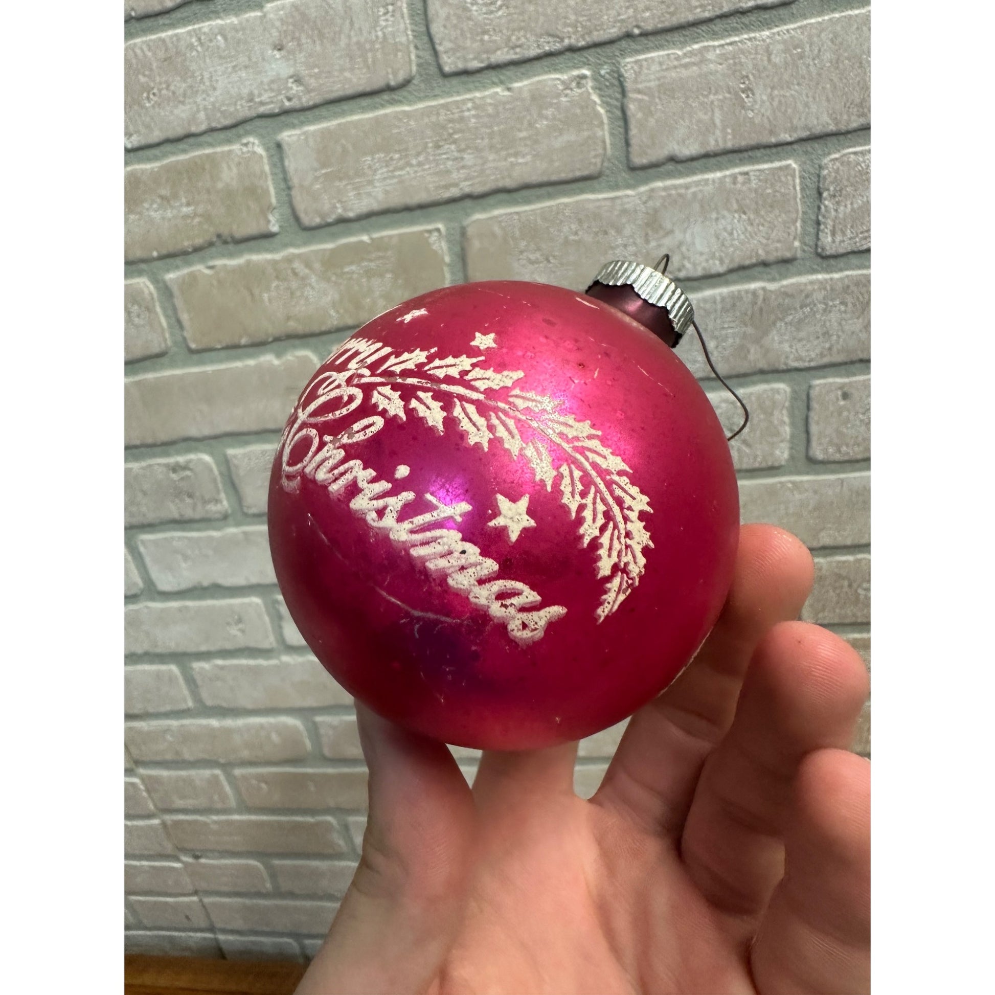Vintage Shiny Brite 3" Stenciled Merry Christmas Hot Pink Glass Ornament