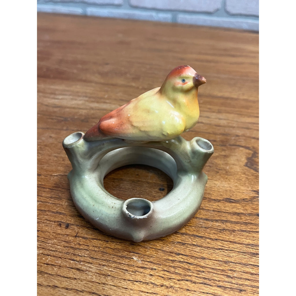 Vintage Czech Czechoslovakia Pottery Bird Flower Frog Bud Vase Red Dime Mark