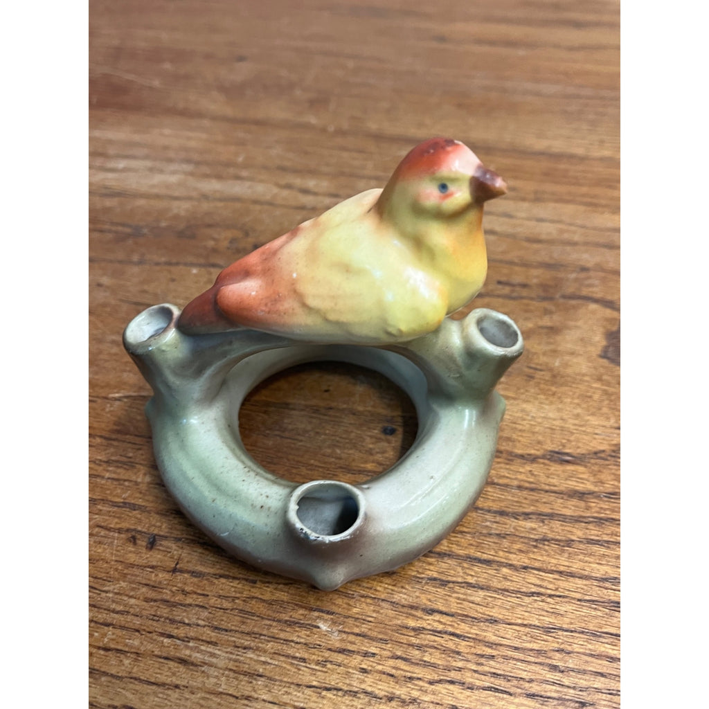 Vintage Czech Czechoslovakia Pottery Bird Flower Frog Bud Vase Red Dime Mark