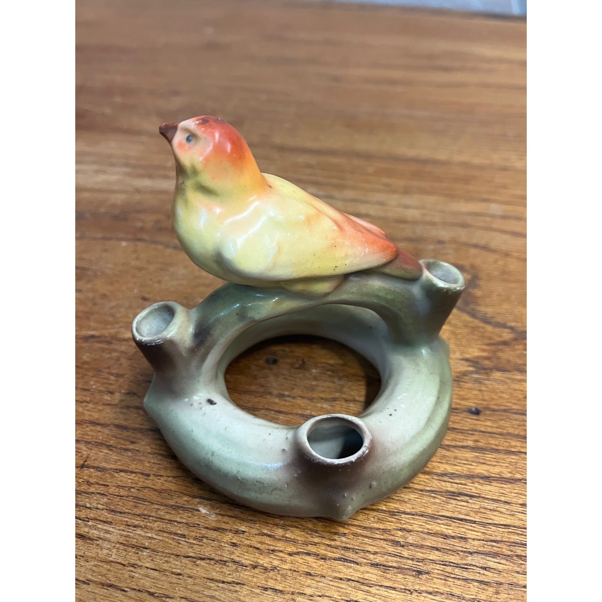 Vintage Czech Czechoslovakia Pottery Bird Flower Frog Bud Vase Red Dime Mark