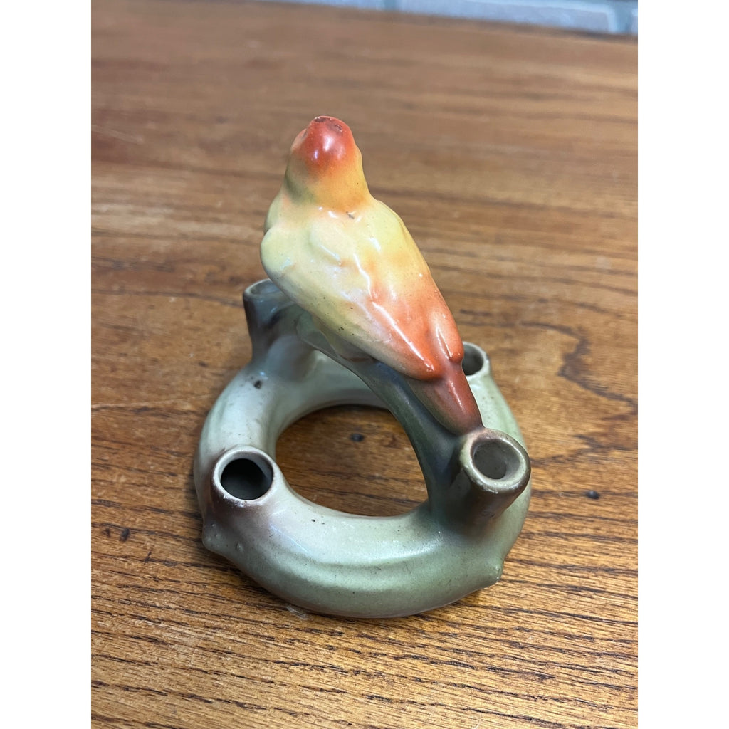 Vintage Czech Czechoslovakia Pottery Bird Flower Frog Bud Vase Red Dime Mark