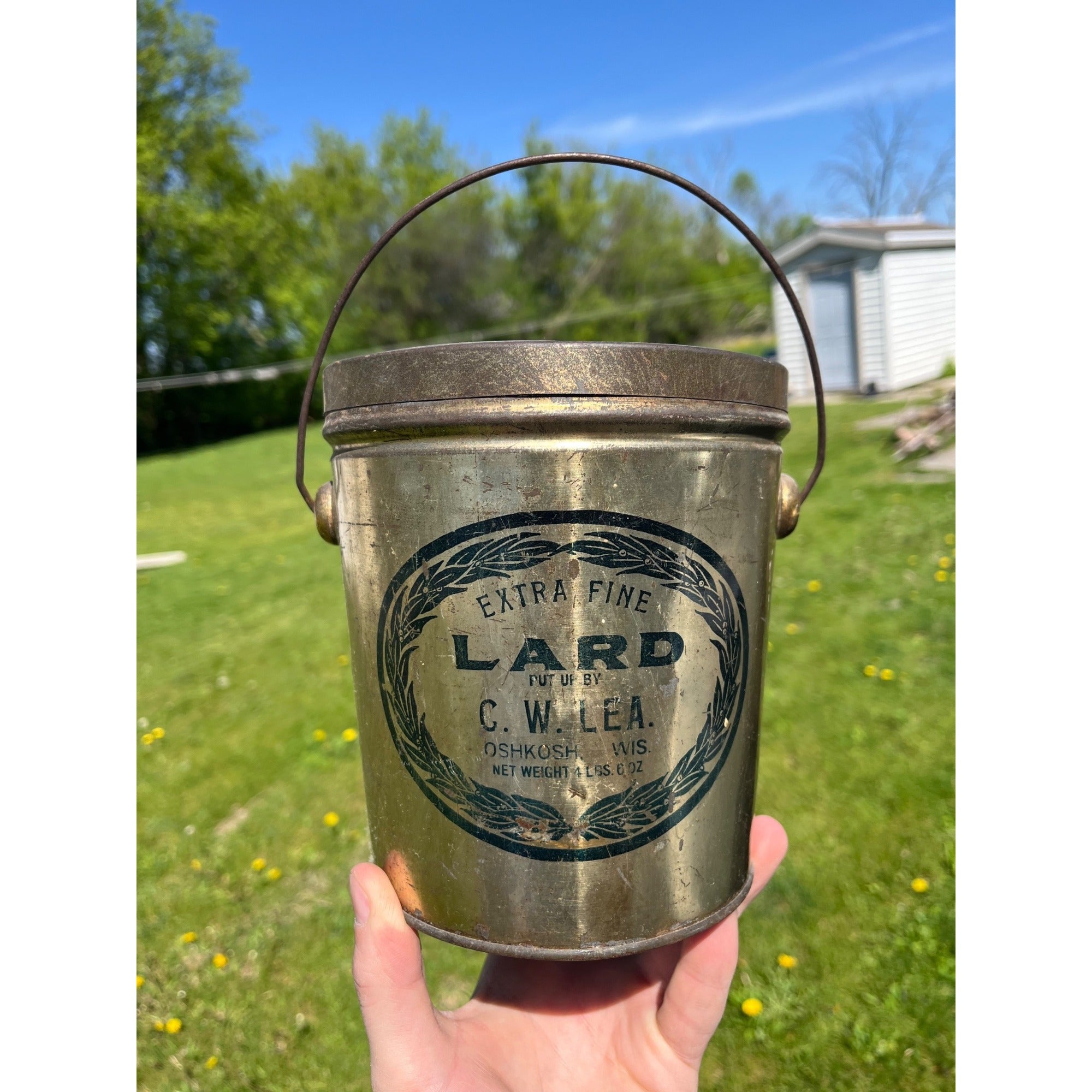 Vintage 1920s C.W. Lea Oshkosh Wisconsin Wis WI Lard Bucket Tin Pail Advertising