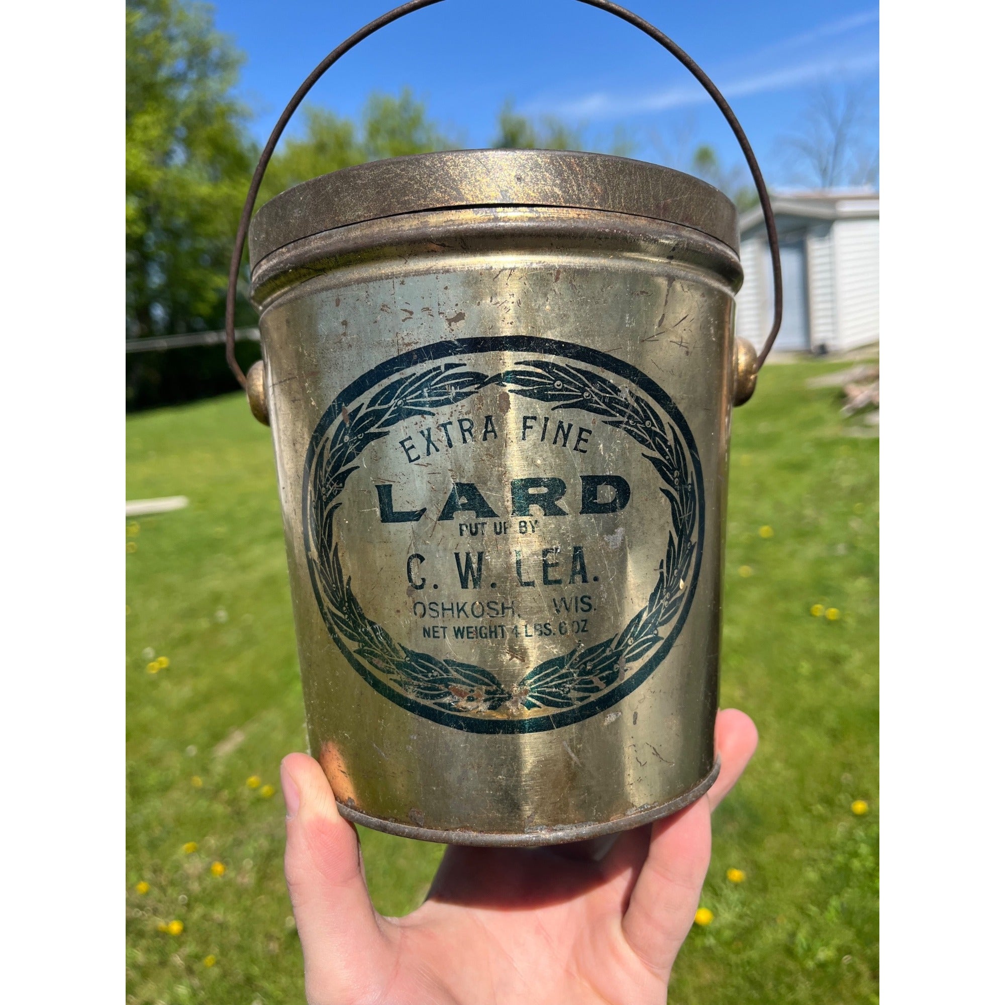 Vintage 1920s C.W. Lea Oshkosh Wisconsin Wis WI Lard Bucket Tin Pail Advertising