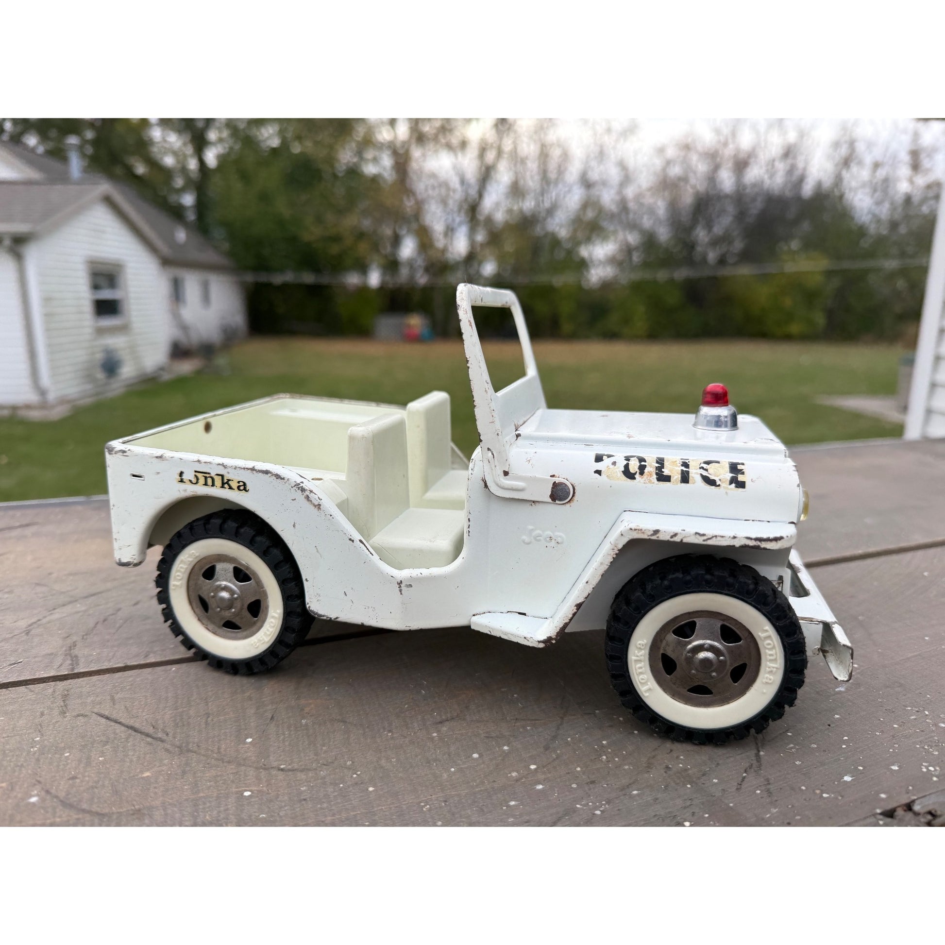 Vintage Tonka White Police Jeep Willys Pressed Steel Toy