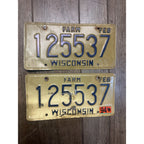 Vintage 1994  Wisconsin Embossed License Plate Blue Gold Farm Pair