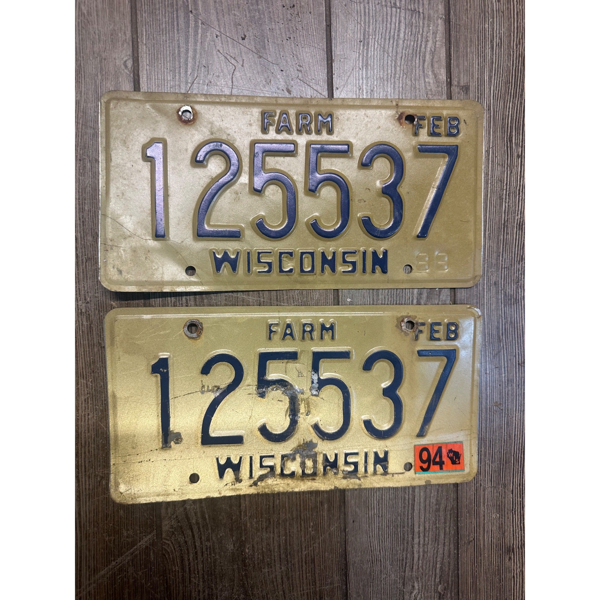 Vintage 1994  Wisconsin Embossed License Plate Blue Gold Farm Pair