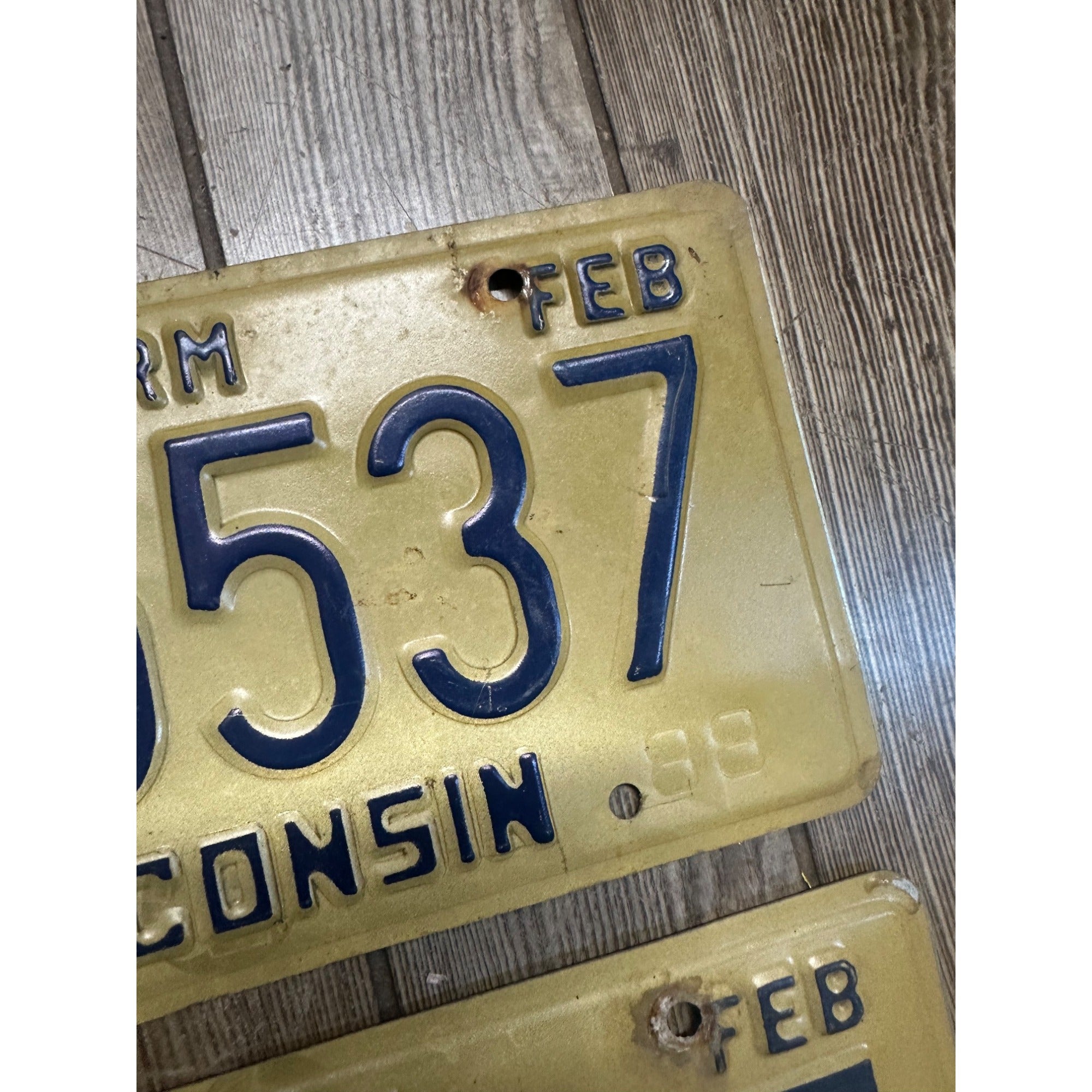 Vintage 1994  Wisconsin Embossed License Plate Blue Gold Farm Pair