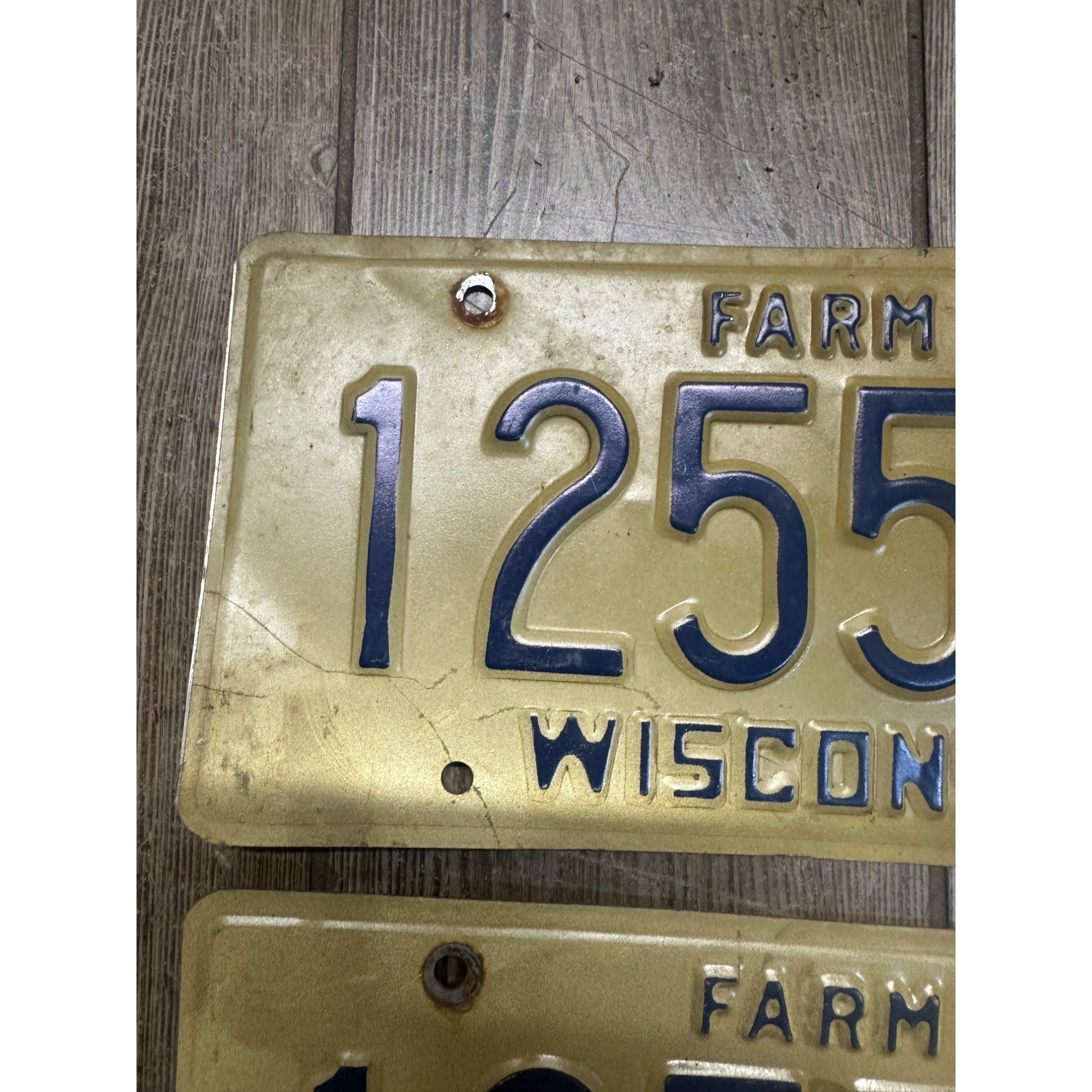 Vintage 1994  Wisconsin Embossed License Plate Blue Gold Farm Pair