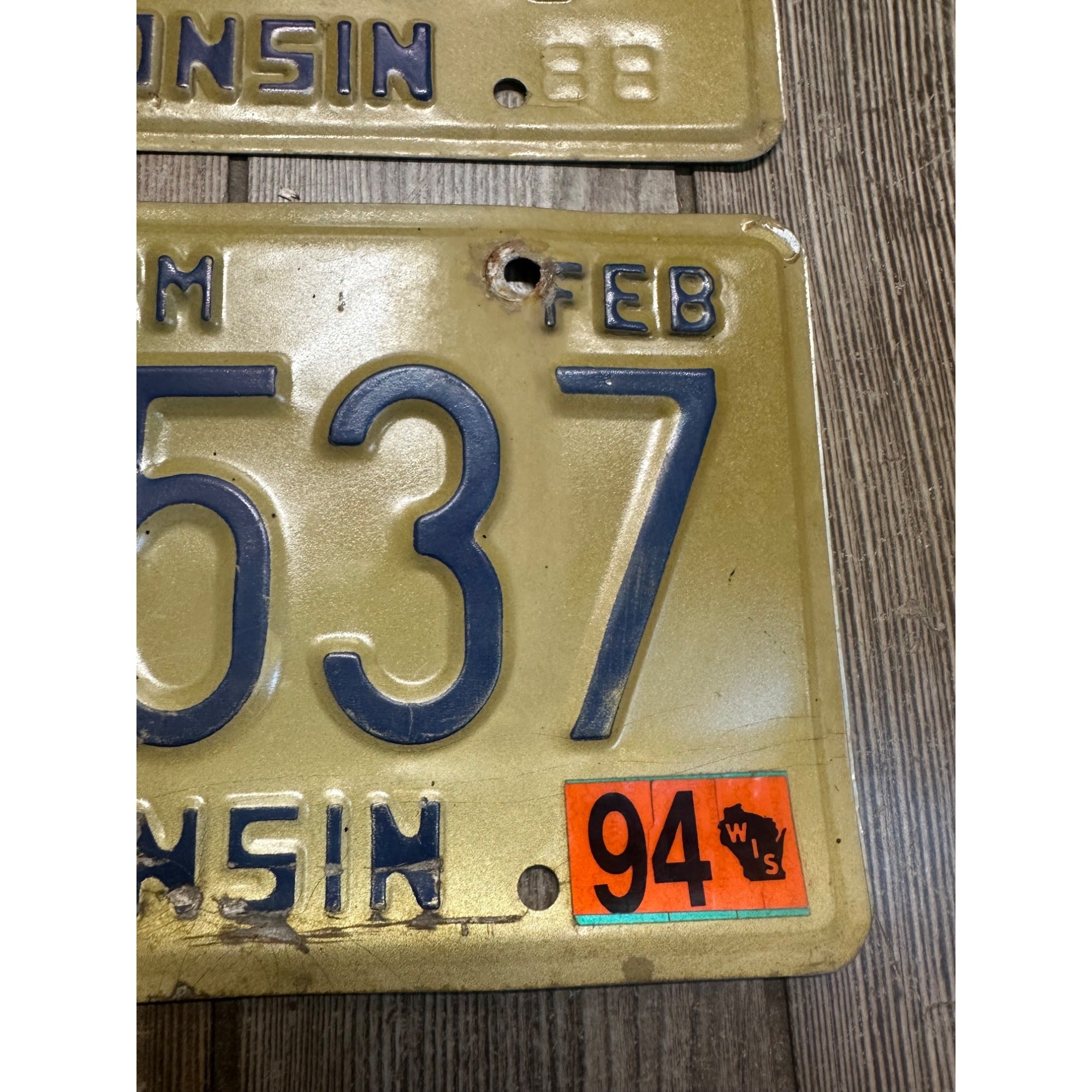 Vintage 1994  Wisconsin Embossed License Plate Blue Gold Farm Pair