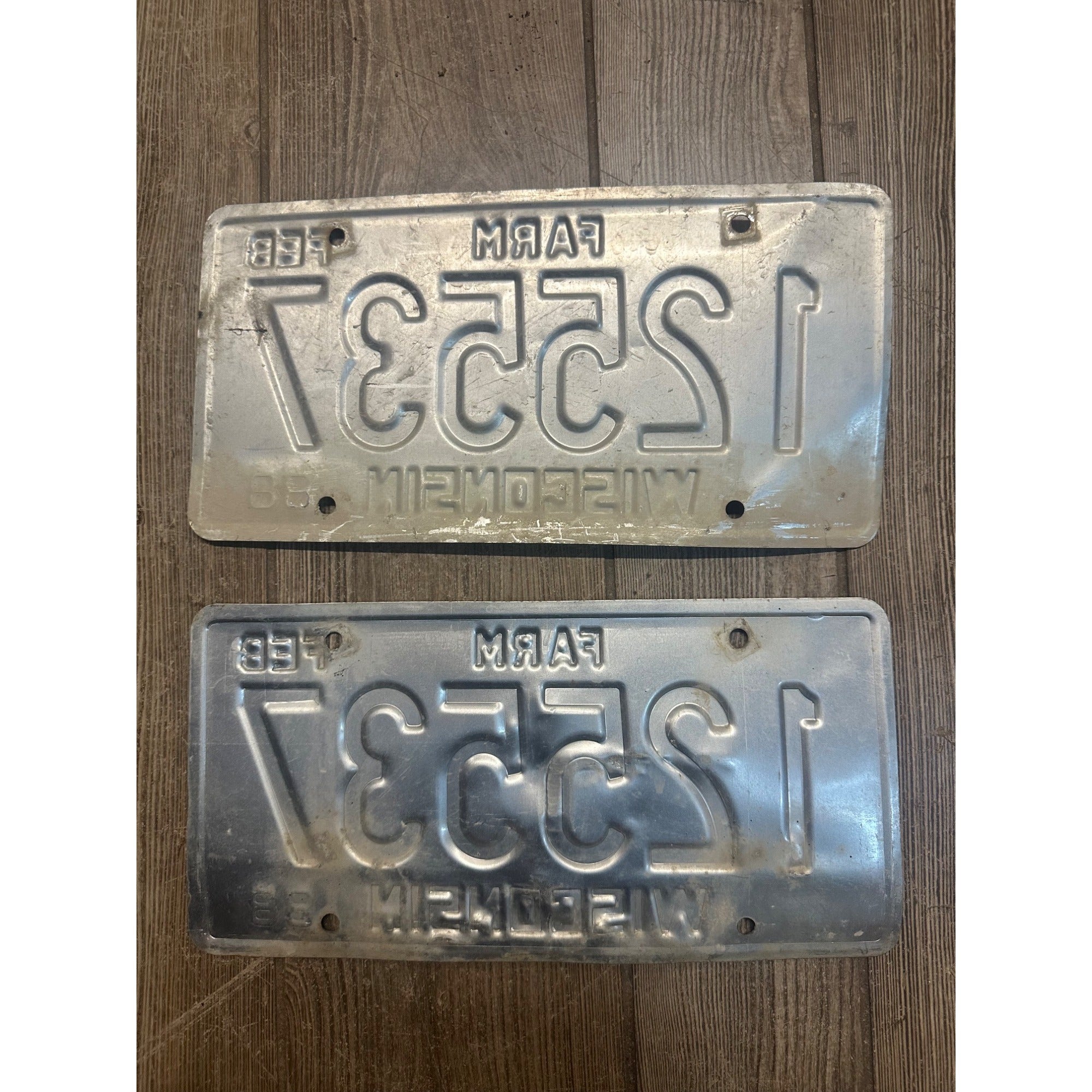 Vintage 1994  Wisconsin Embossed License Plate Blue Gold Farm Pair