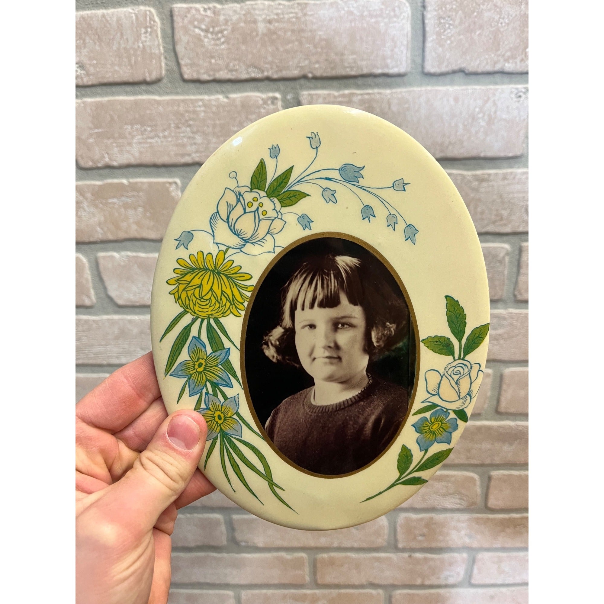 Antique Victorian Portrait Celluloid Button Photo Lady Floral Colors Funeral?