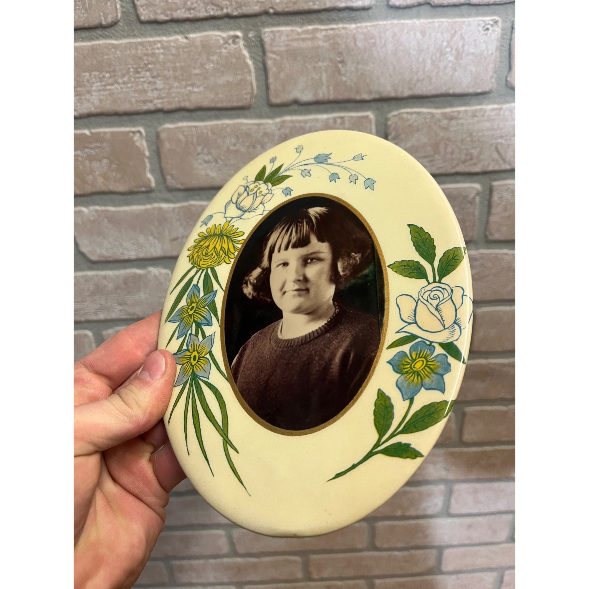 Antique Victorian Portrait Celluloid Button Photo Lady Floral Colors Funeral?