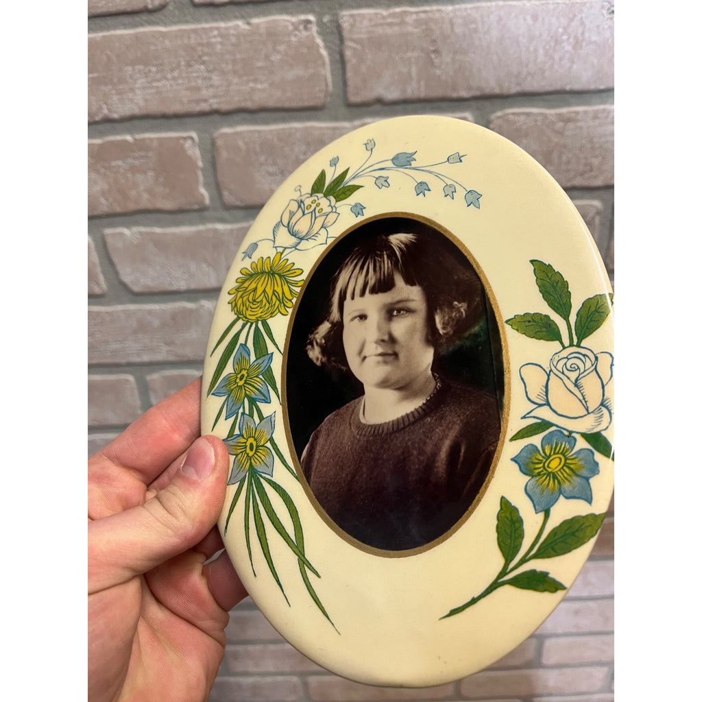 Antique Victorian Portrait Celluloid Button Photo Lady Floral Colors Funeral?
