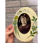 Antique Victorian Portrait Celluloid Button Photo Lady Floral Colors Funeral?
