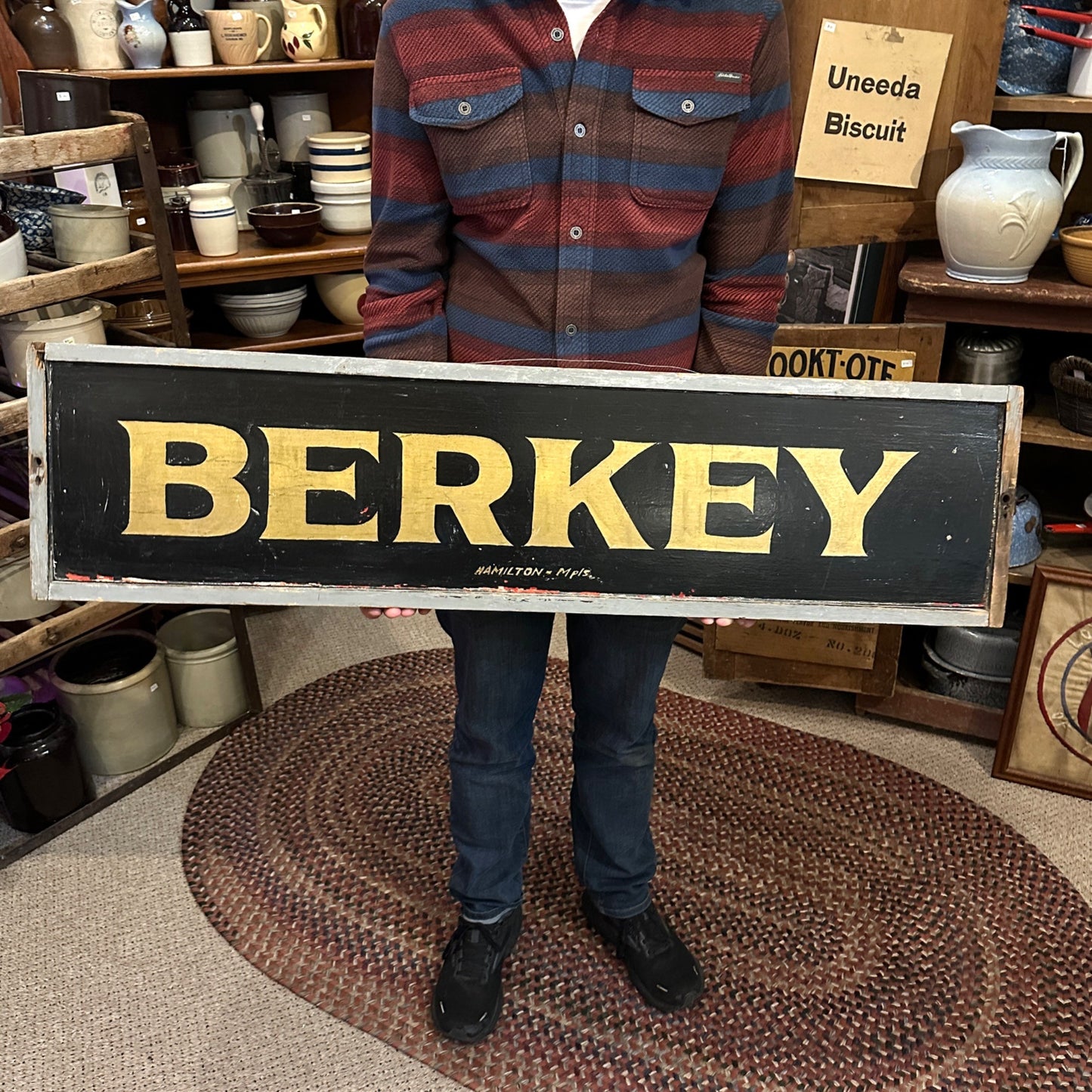 Antique 1900s "BERKEY" Handpainted Wooden Trade Sign Advertising Minnesota