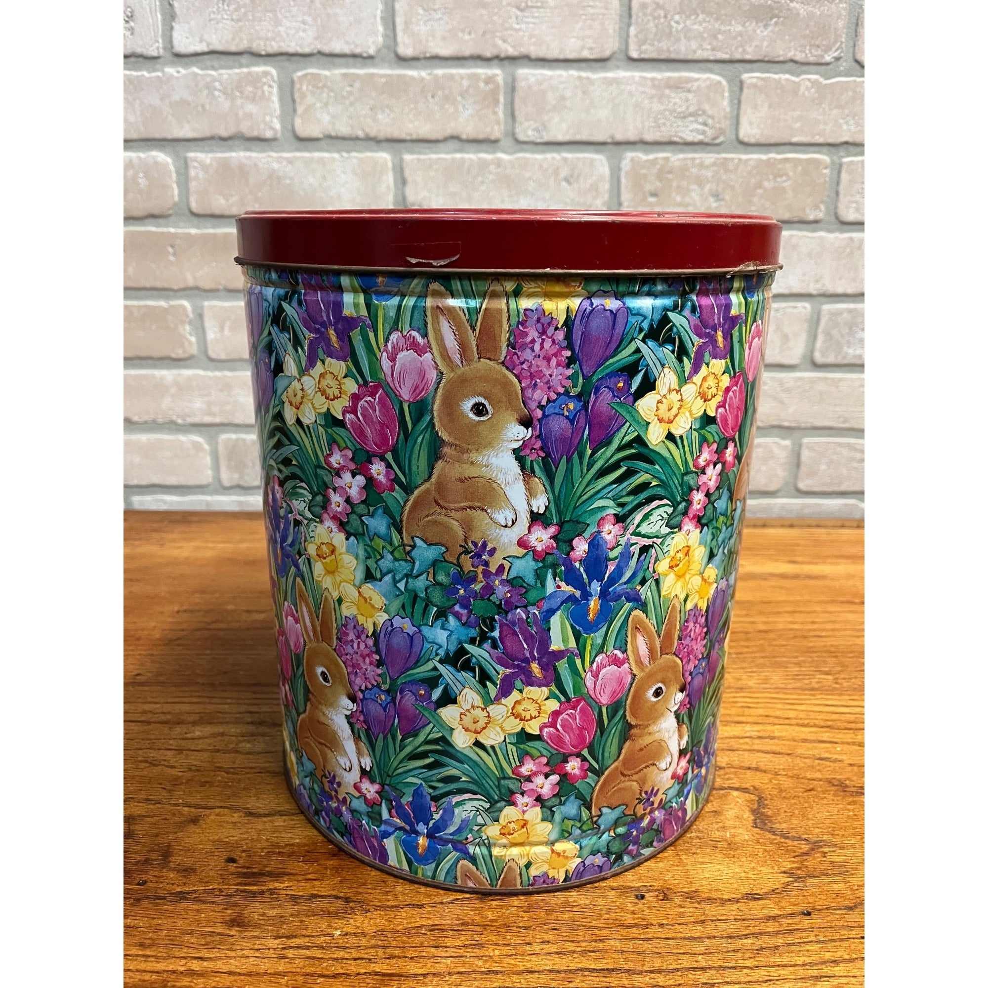 Vintage Easter Spring Flower Tin Can 11.5” Tall Bunny Hop Golden Harvest