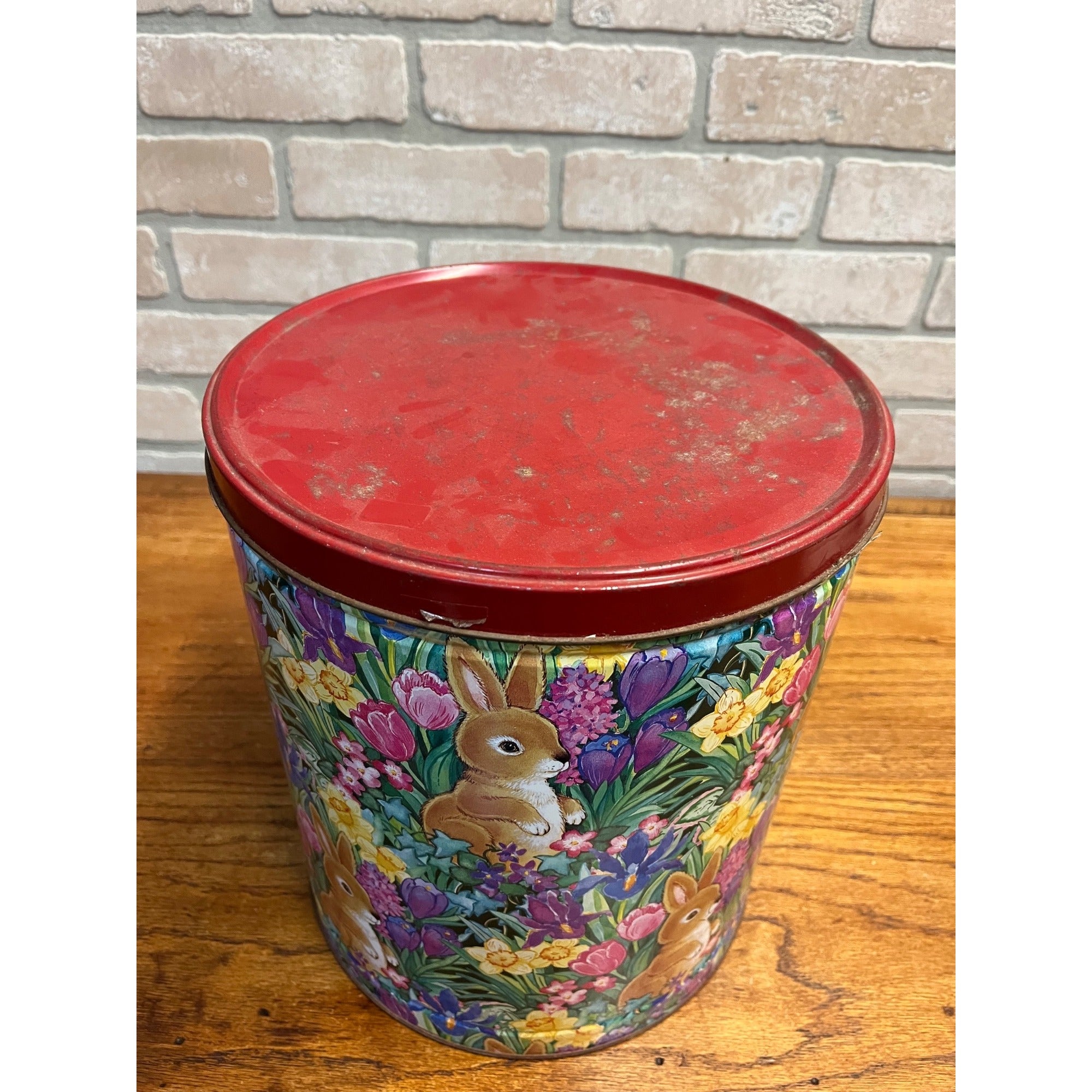 Vintage Easter Spring Flower Tin Can 11.5” Tall Bunny Hop Golden Harvest