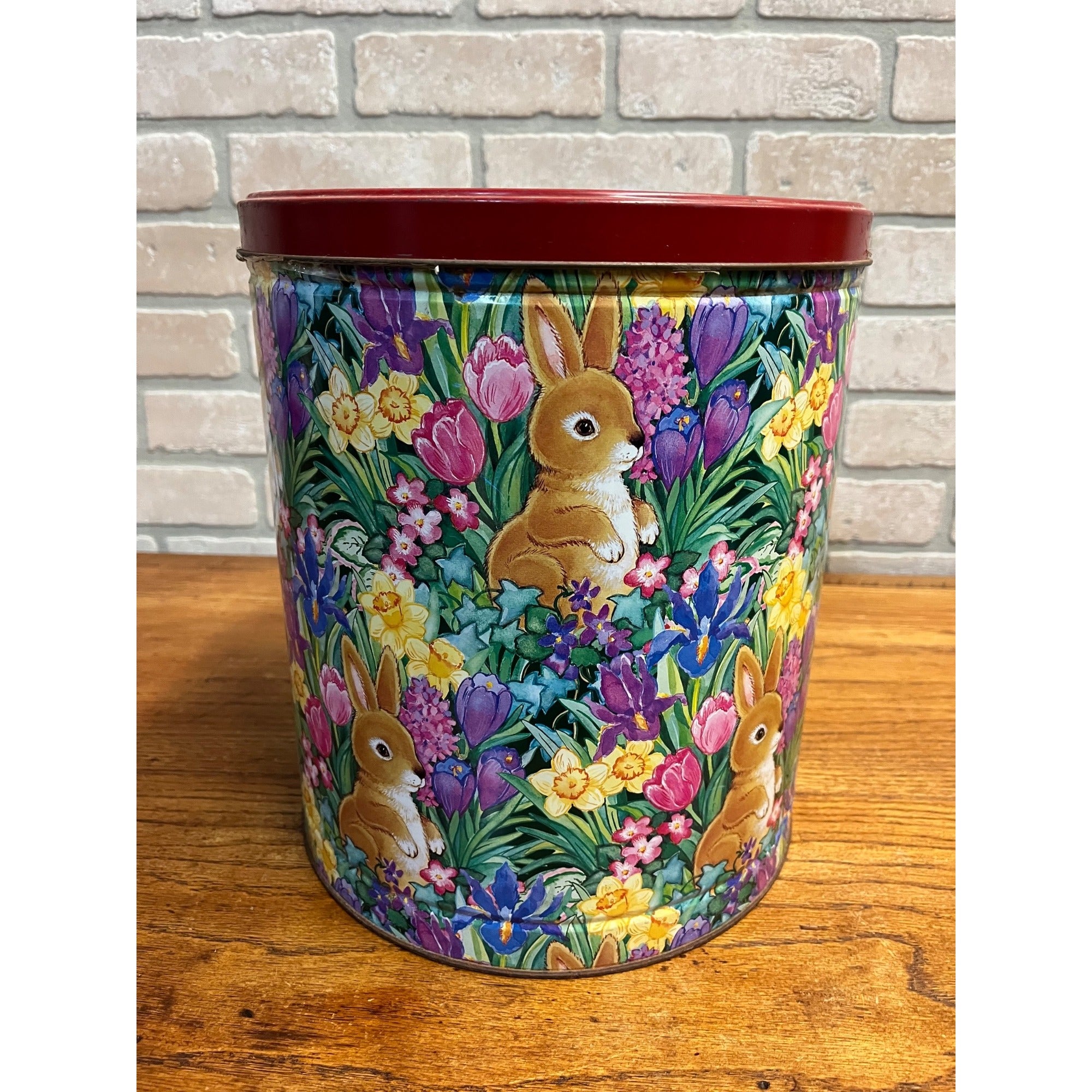 Vintage Easter Spring Flower Tin Can 11.5” Tall Bunny Hop Golden Harvest