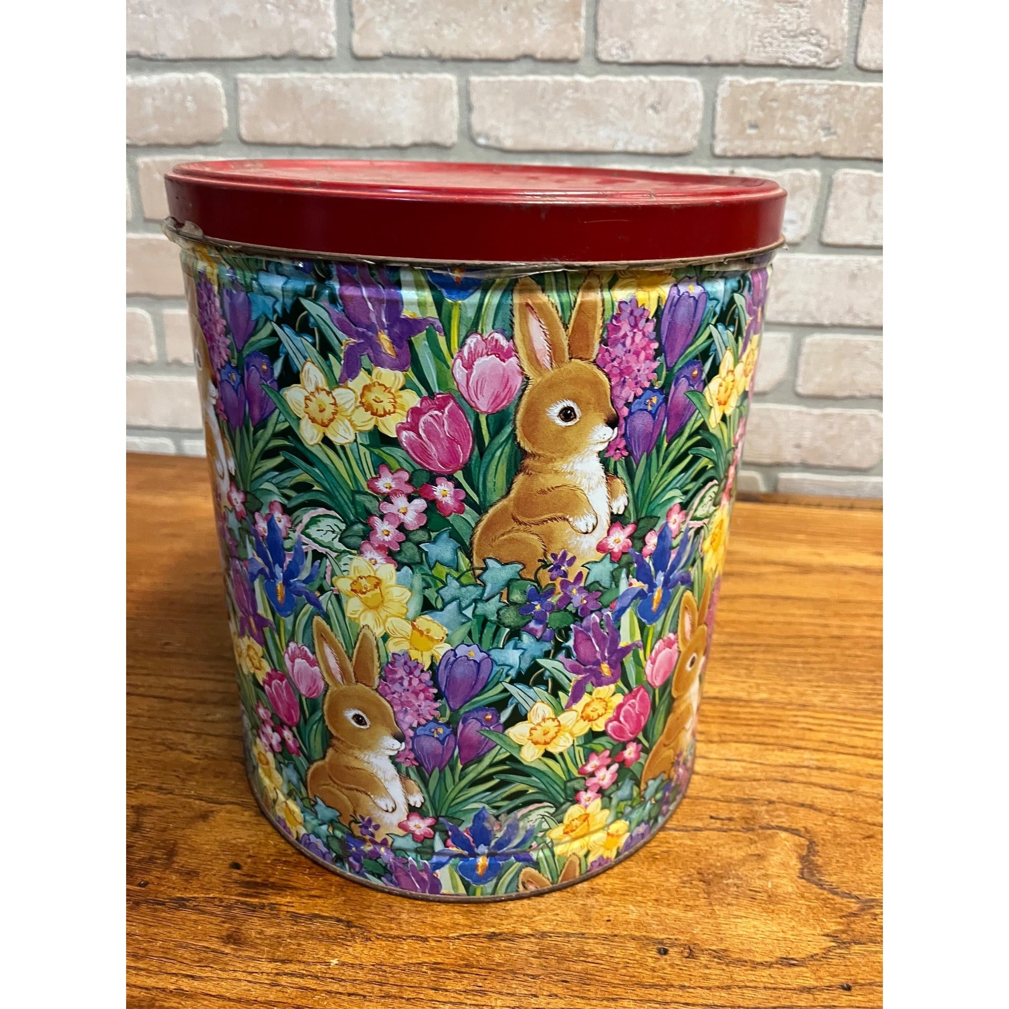Vintage Easter Spring Flower Tin Can 11.5” Tall Bunny Hop Golden Harvest