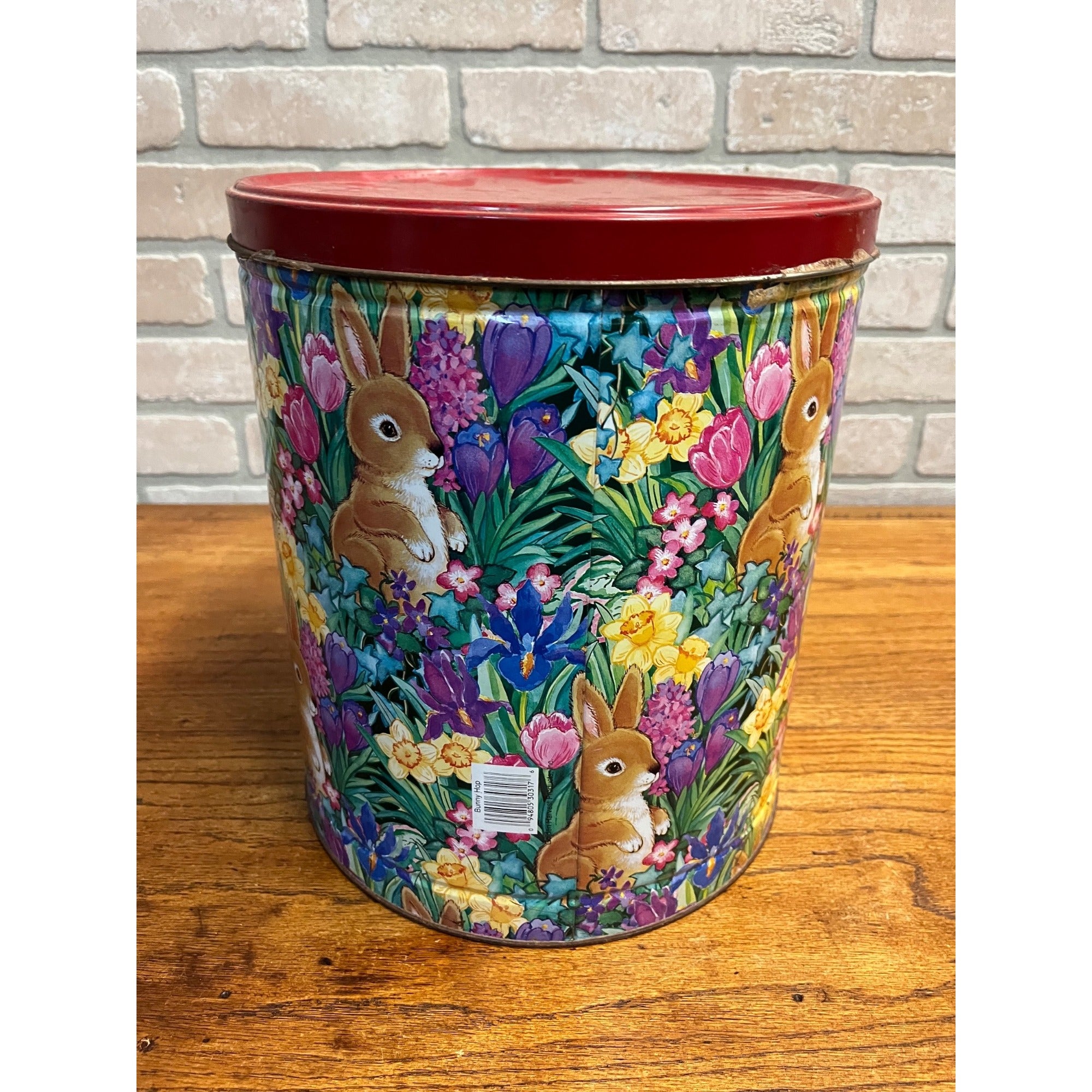 Vintage Easter Spring Flower Tin Can 11.5” Tall Bunny Hop Golden Harvest