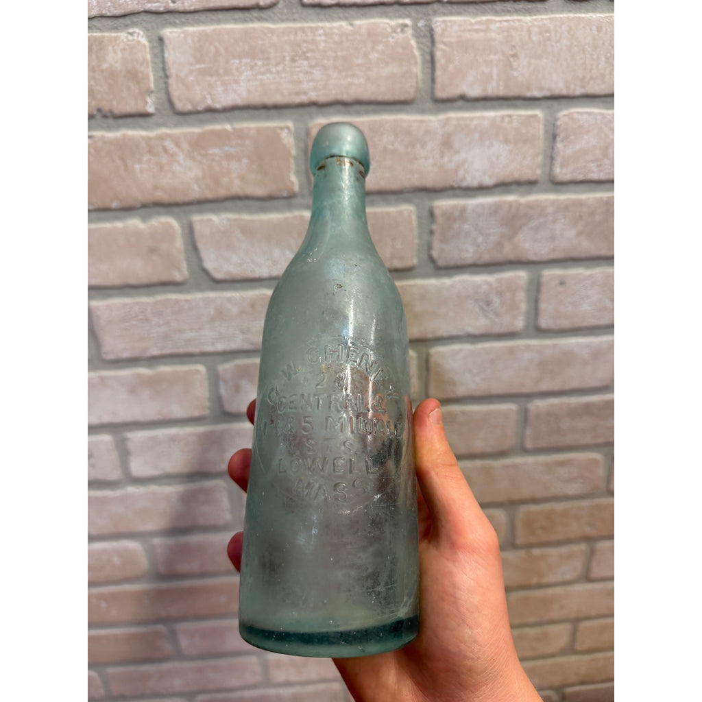 1890s Blob C.W. Cheney Slug Plate Aqua Embossed Bottle Lowell Mass