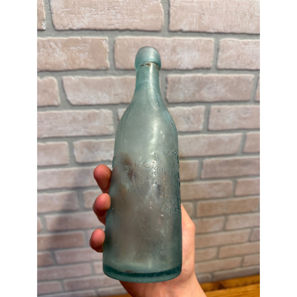 1890s Blob C.W. Cheney Slug Plate Aqua Embossed Bottle Lowell Mass