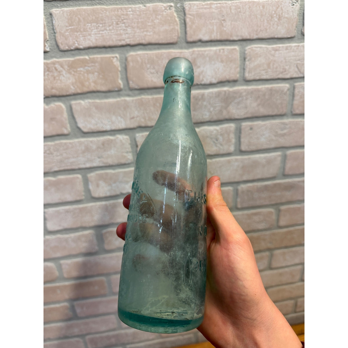 1890s Blob C.W. Cheney Slug Plate Aqua Embossed Bottle Lowell Mass