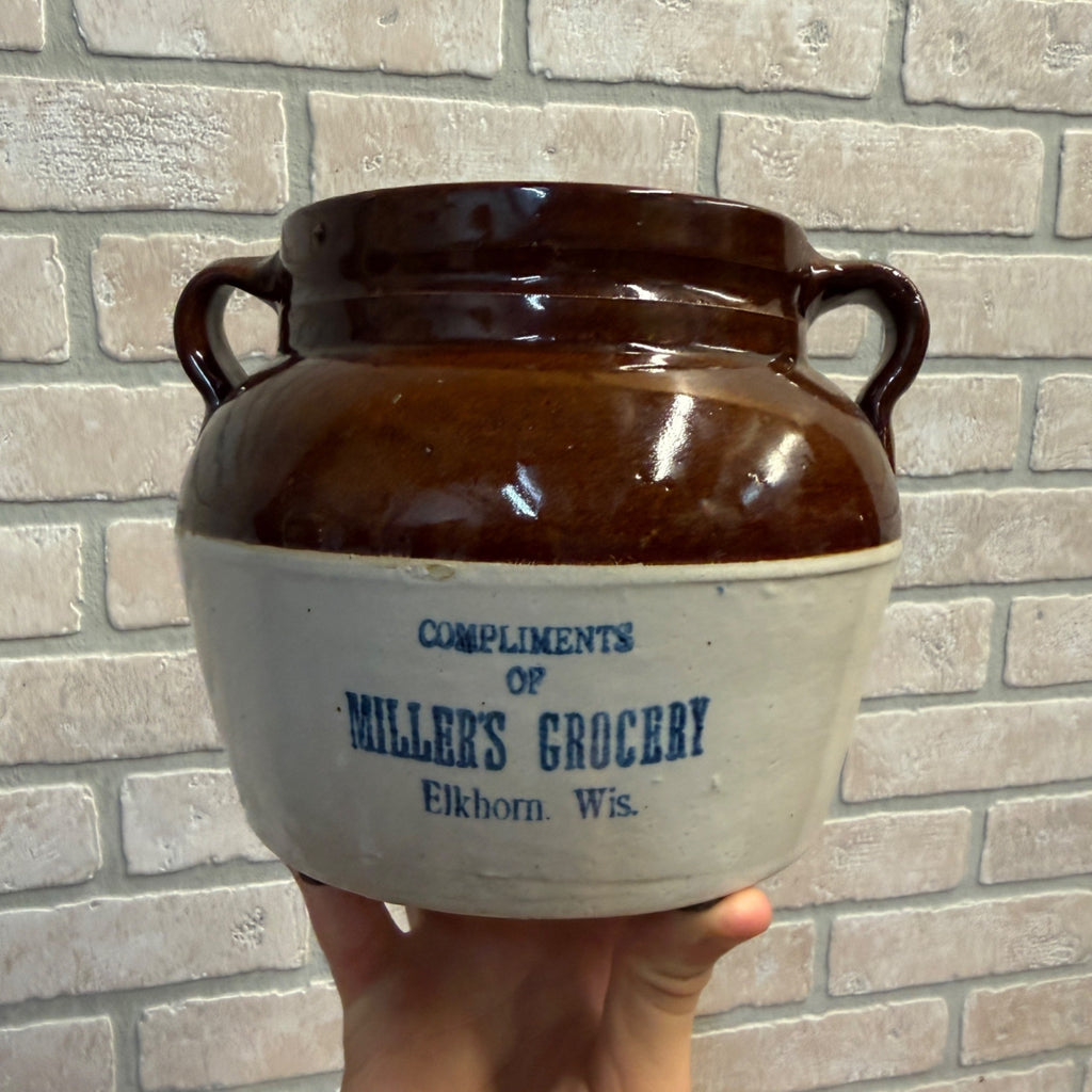 Vintage Advertising Stoneware Bean Crock, Miller's Grocery Elkhorn, Wis.