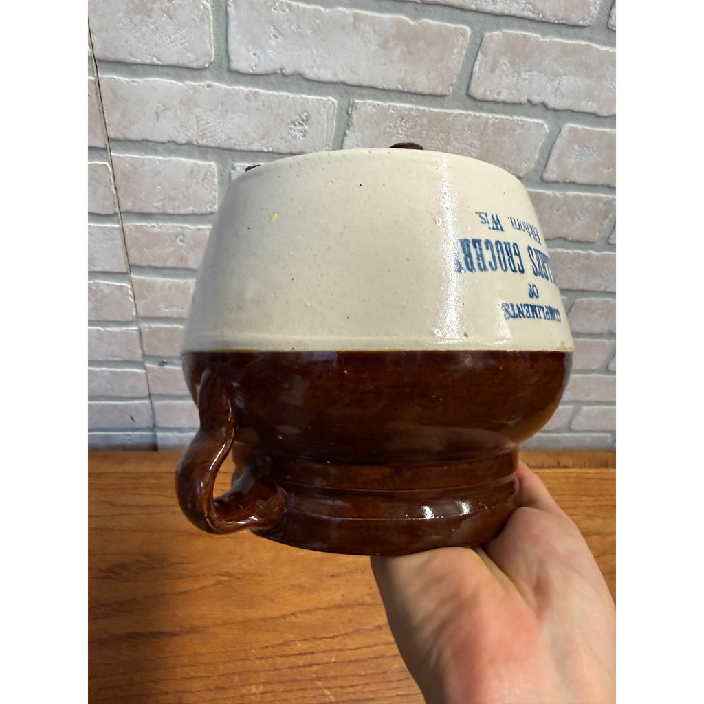 Vintage Advertising Stoneware Bean Crock, Miller's Grocery Elkhorn, Wis.