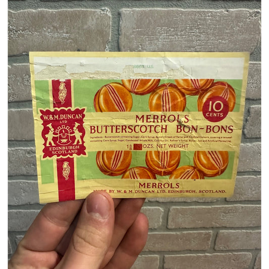 Vintage 1950s Merrol's Butterscotch Bon Bons Candy Wrapper Duncan Scotland