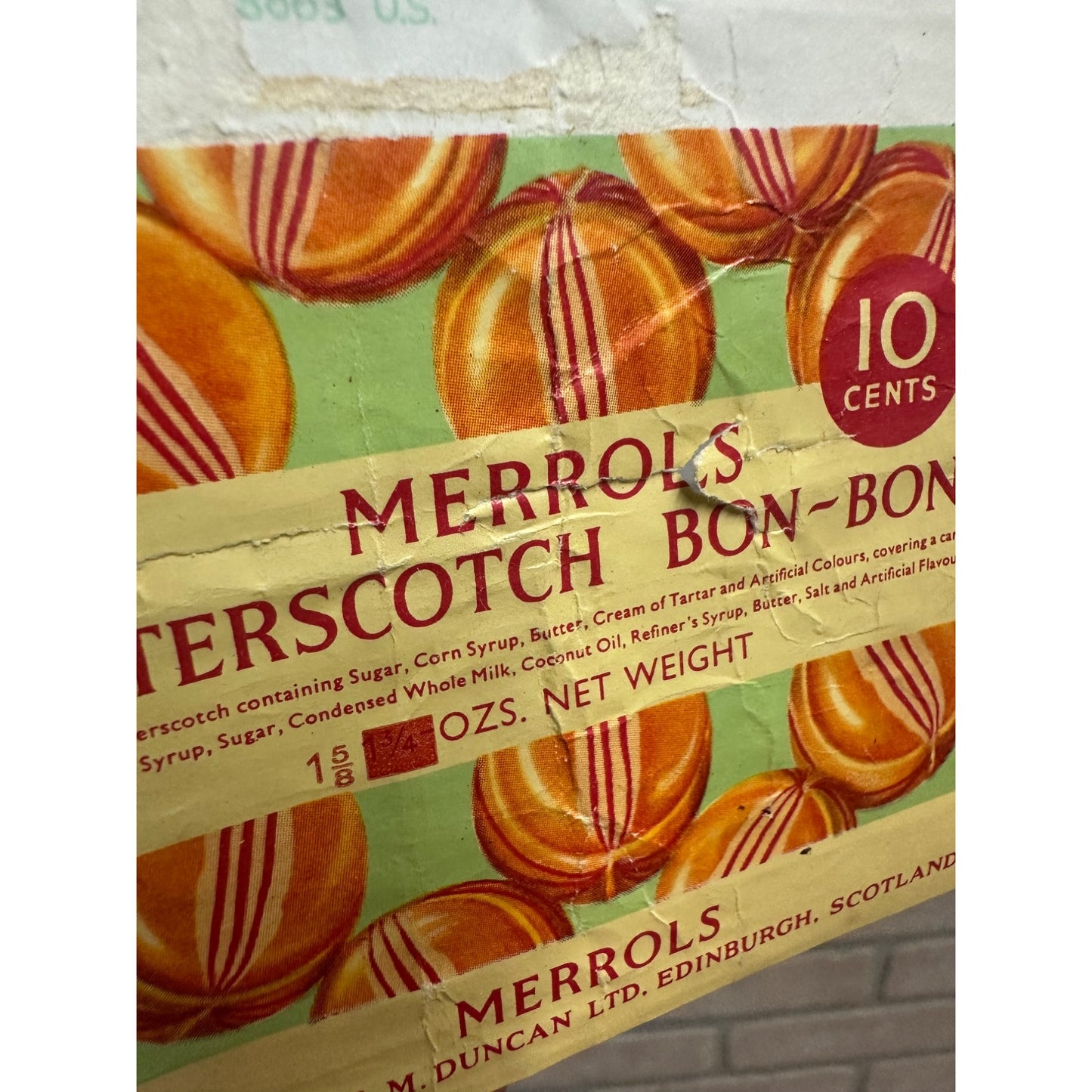 Vintage 1950s Merrol's Butterscotch Bon Bons Candy Wrapper Duncan Scotland