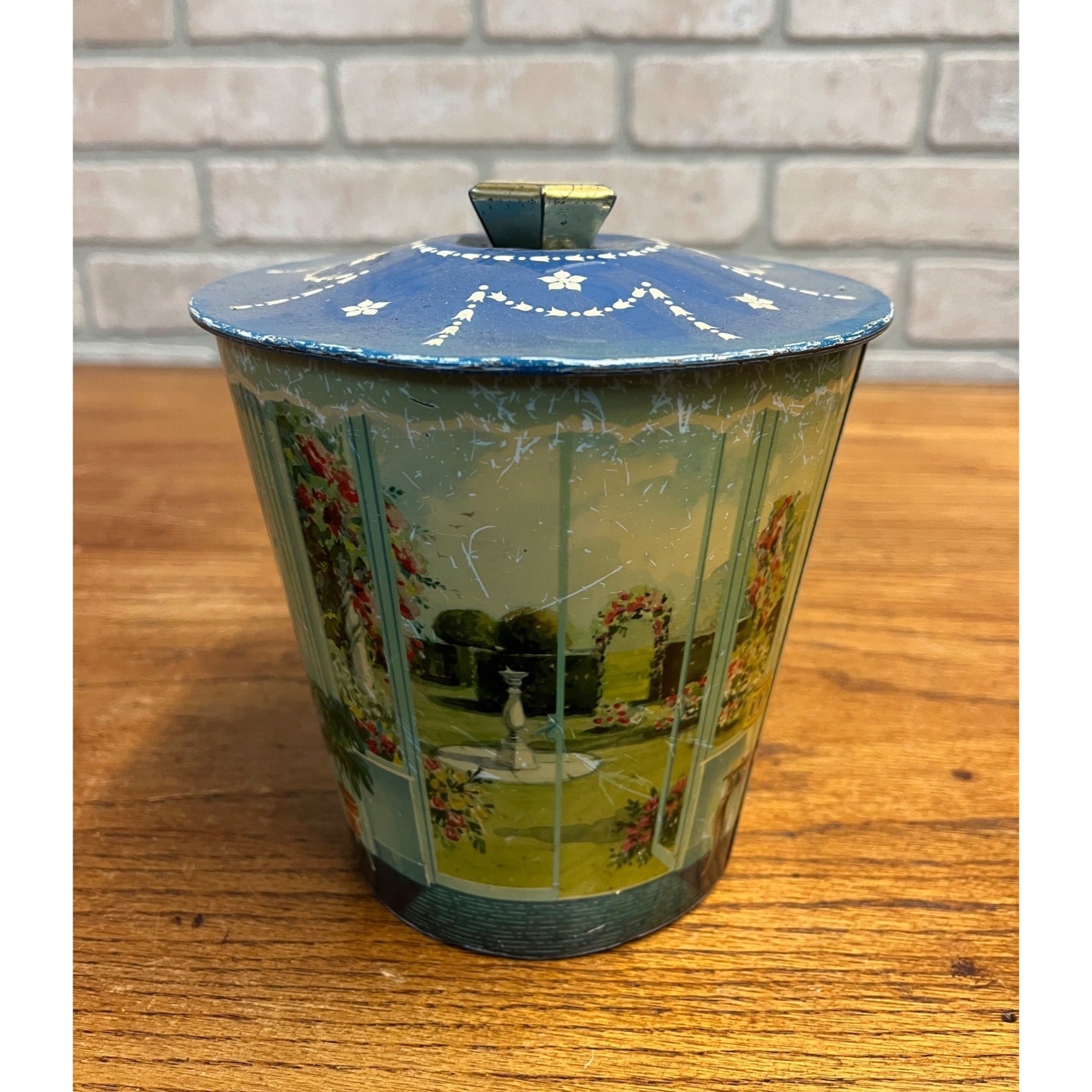 Vintage Candy Confectionery Tin Lidded Made in England Garden Landscape Scene