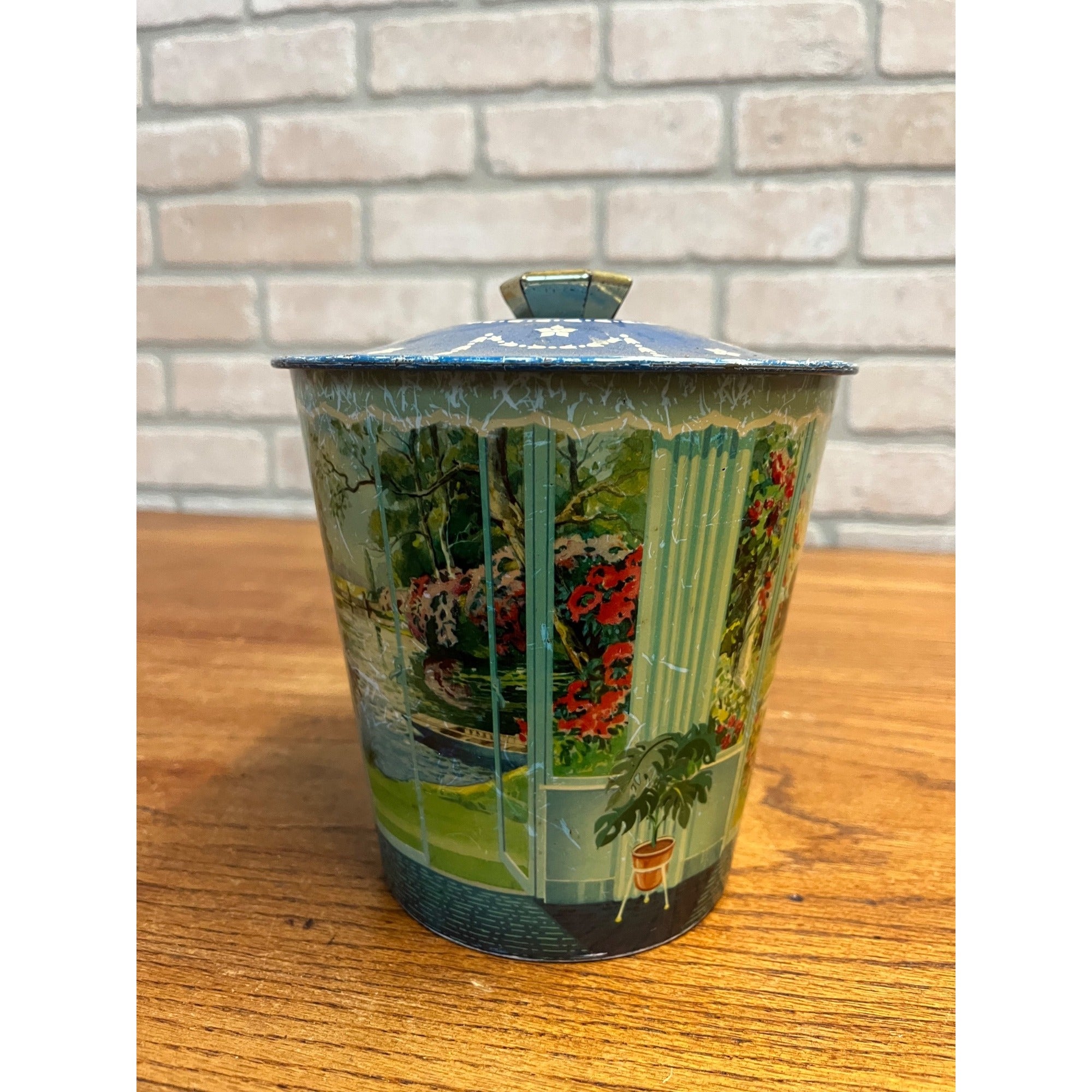 Vintage Candy Confectionery Tin Lidded Made in England Garden Landscape Scene